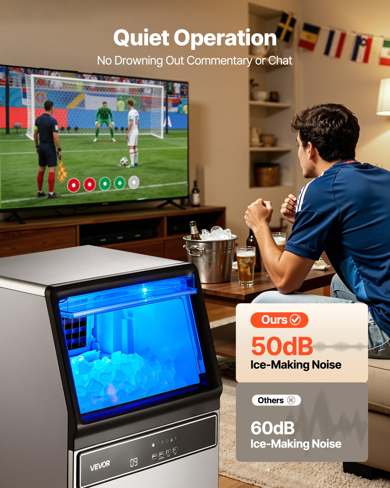 VEVOR Machine à Glaçons Commerciale 54,4 kg/24 h, Appareil de Préparation de Glaçons avec Capacité de Stockage de 15 kg, 45 Cubes par Cycle, avec Écran LED et Nettoyage Automatique, Restaurant Bar
