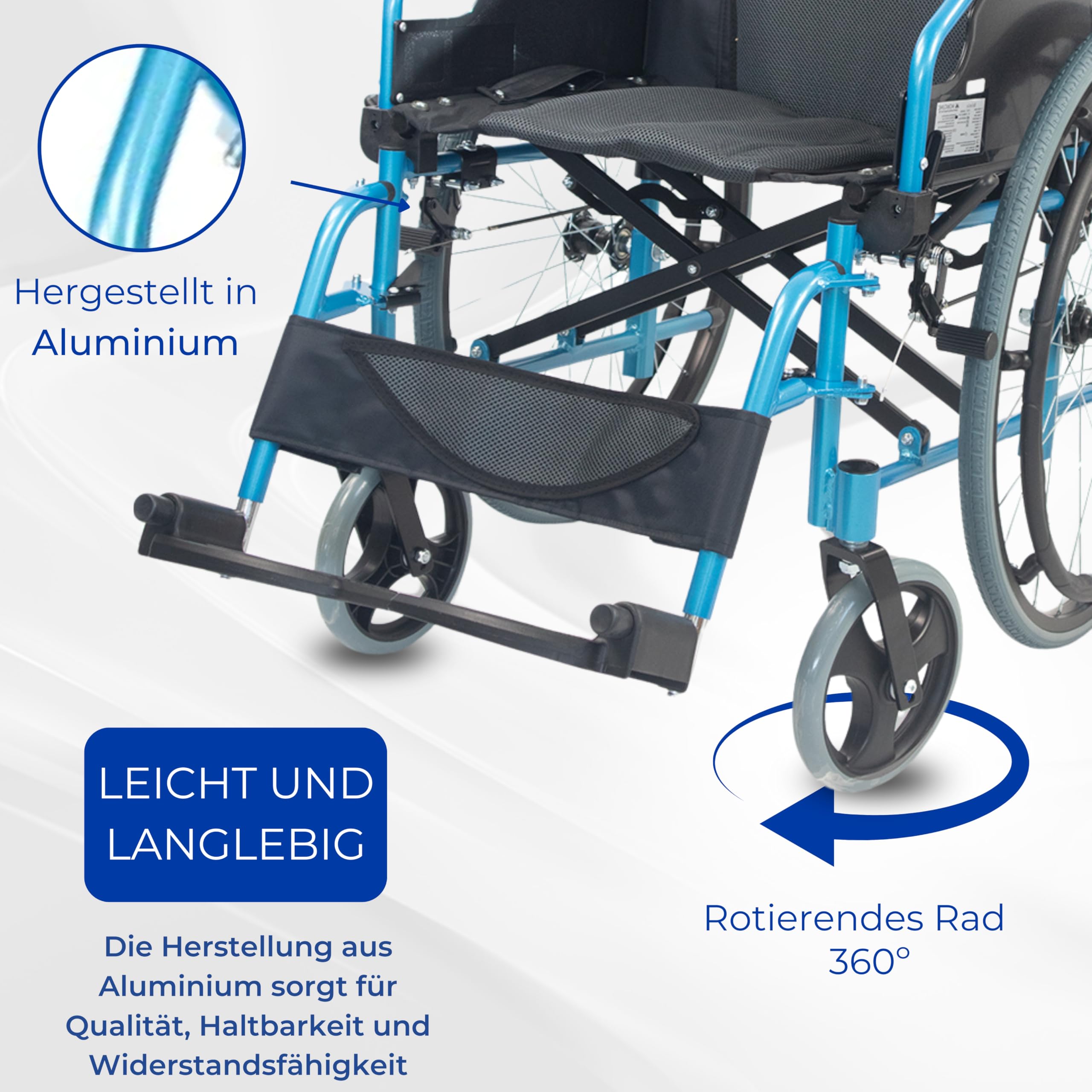 Mobiclinic®, Rollstuhl, Bolonia, Aluminium, Faltbar und leicht, Klappbare geteilte rückenlehne, Abnehmbare fußstütze, Armlehnen, Für erwachsene, Blau