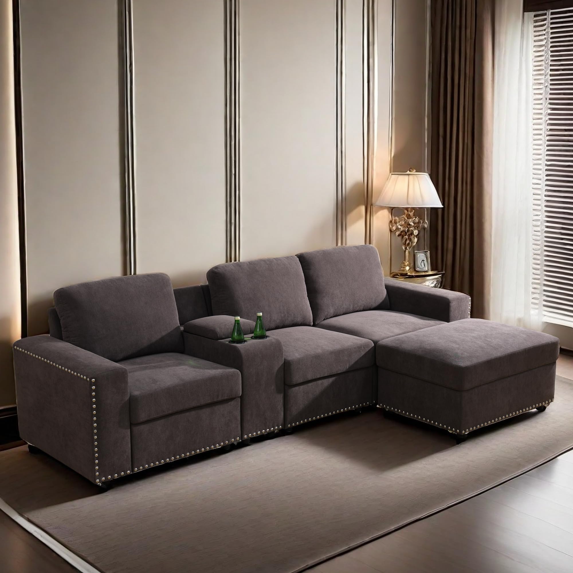 GlasFlength Sectional Sofa Couches for Living Room, Nail-Head 3-Seater Comfy Cloud Couches Design Linen Right Facing Modern Couches with Cup Holder, Bedroom, Office