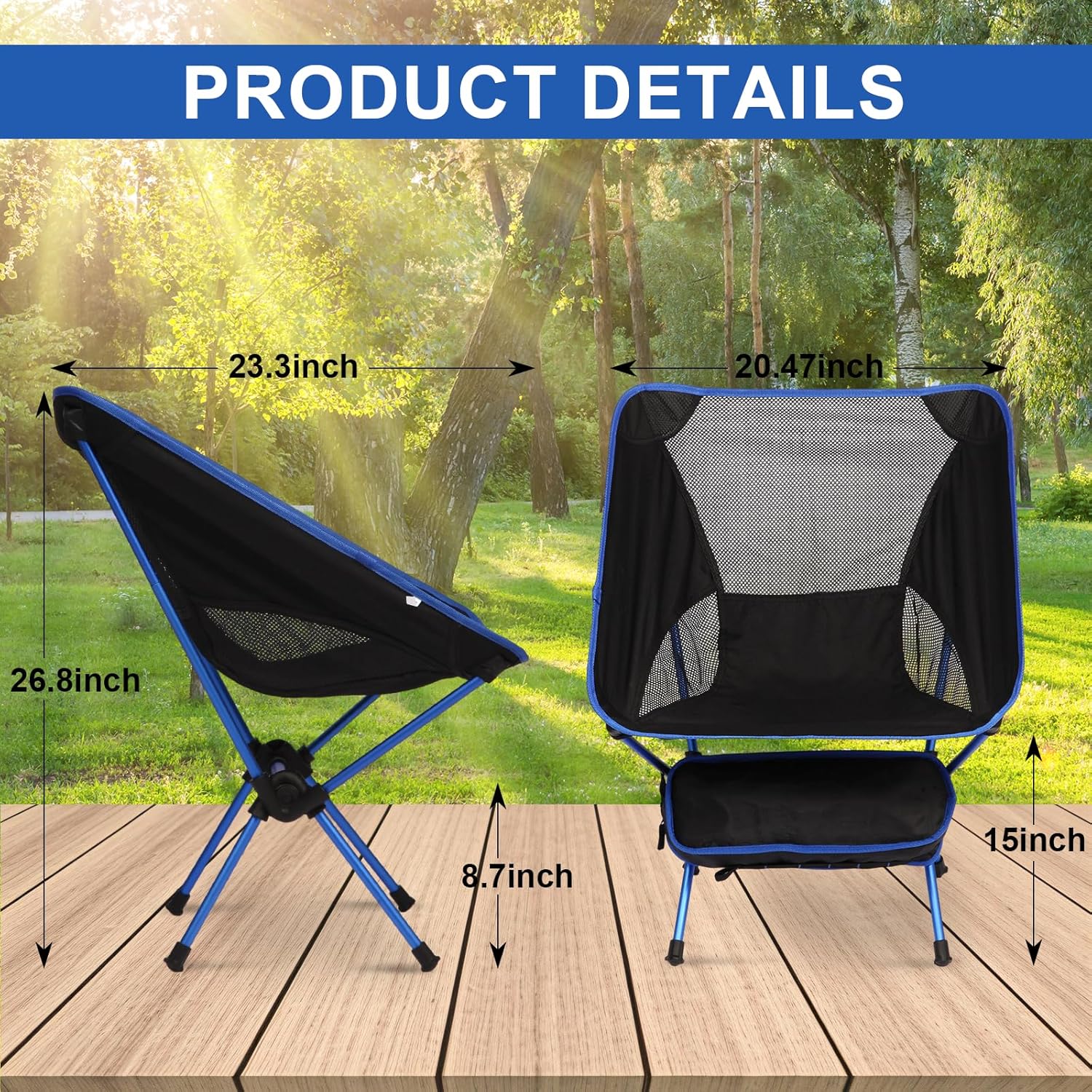 Ultralight Camping Chair, Foldable Portable Camping Chair with Breathable Nylon Mesh, Compact Design & Carry Bag for Hiking, Backpacking, Beach, Concerts (Black&Blue)
