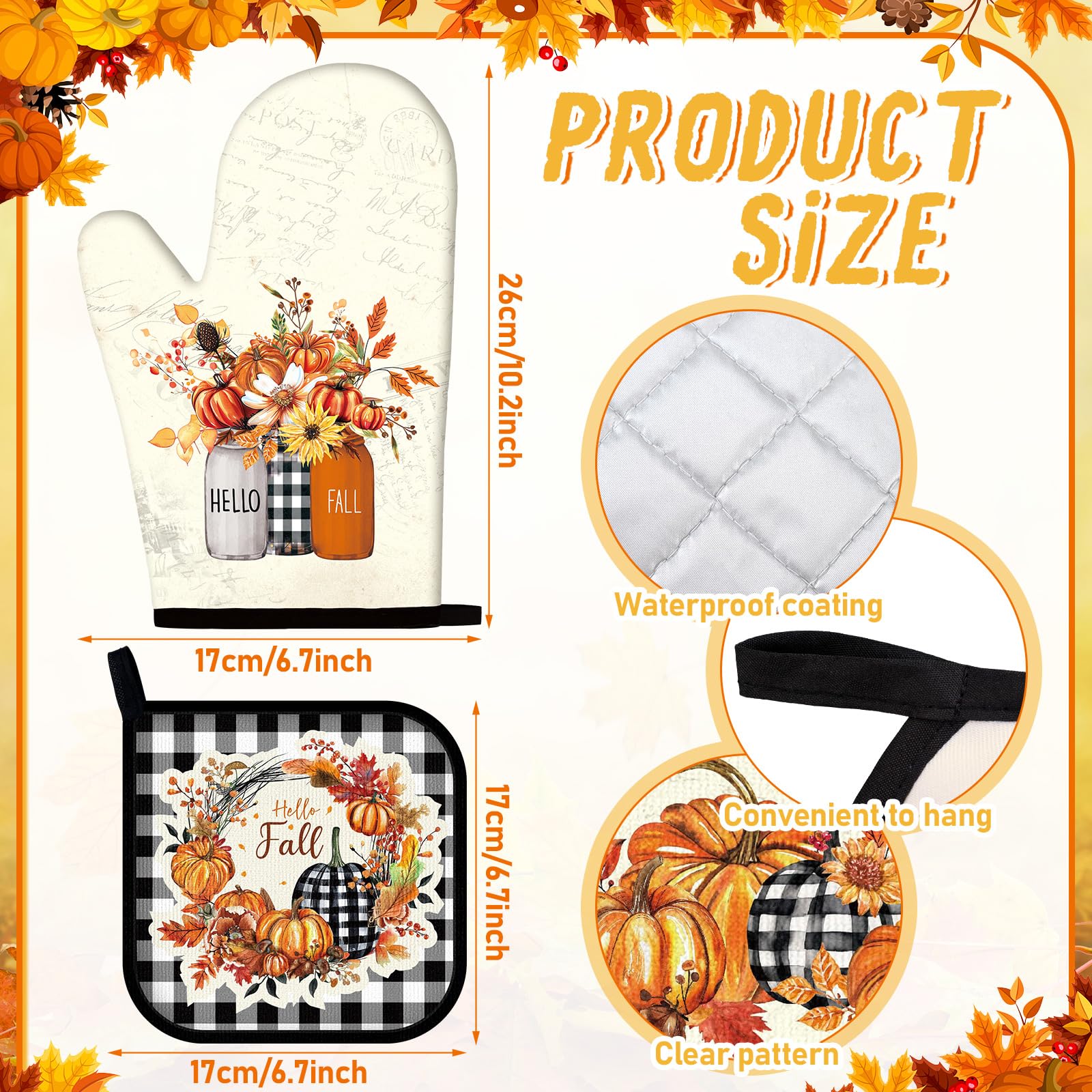 Silicone Oven Mitts & Pot Holder Set - Heat Resistant (500°F), Pumpkin & Teal Autumn Kitchen Decor, 2-Piece For Baking, Grilling, BBQ