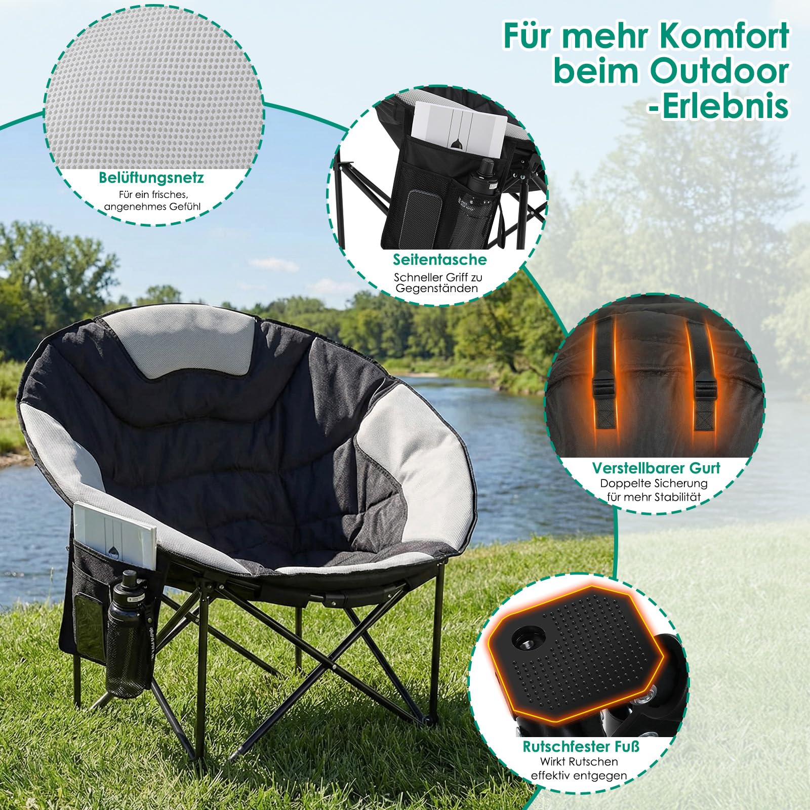 LIFERUN Sedia Pieghevole da Campeggio 150KG, Sedia da Campo Portatile, Moonchair XXL, con rete traspirante, Tasca Laterale, borsa per il trasporto, per Giardino, Spiaggia, Trekking, Pesca, Nero