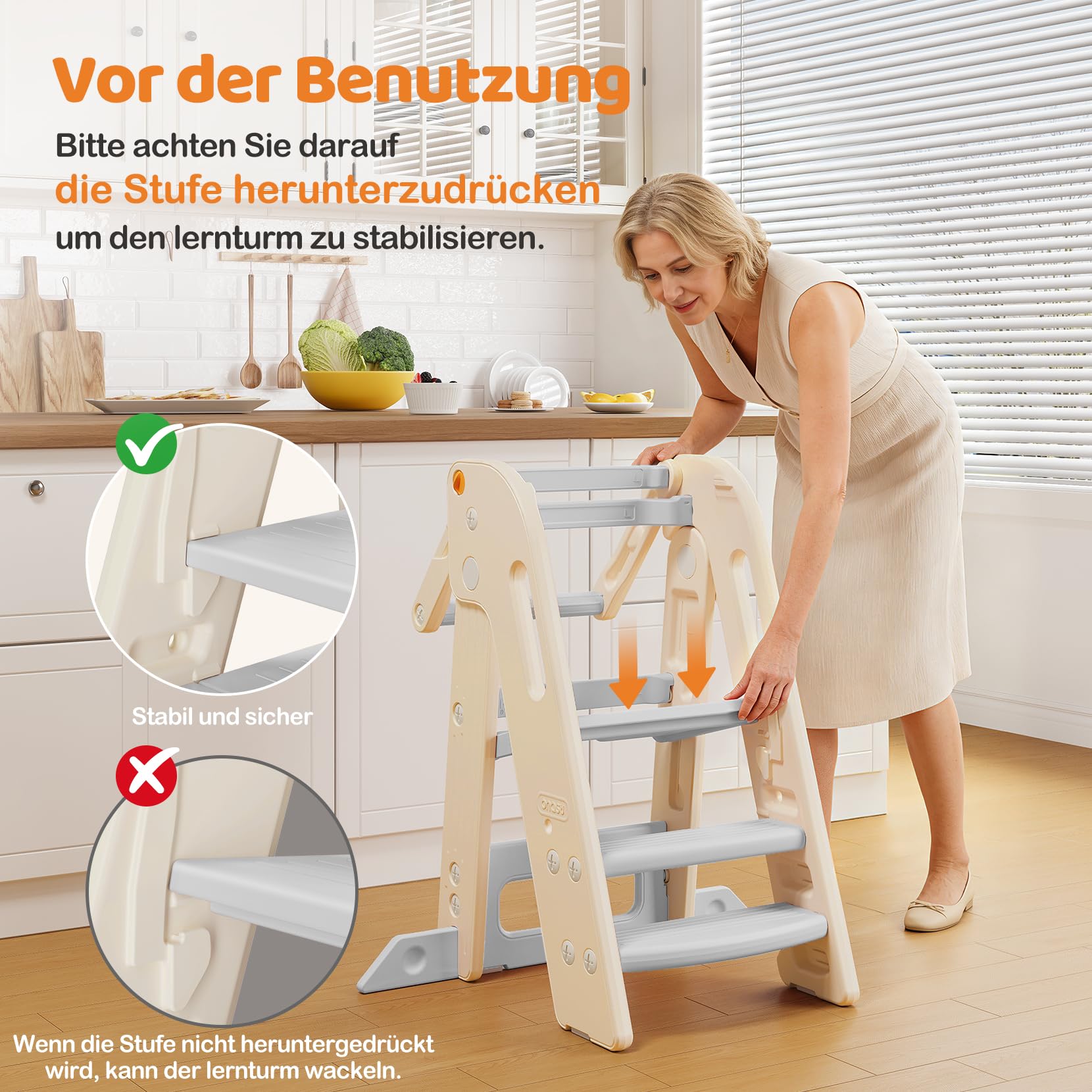 Lernturm für Kinder mit Sicherheitsgeländer, Lernturm Klappbar, Höhenverstellbar, Learning Tower mit Kippschutz & Anti-Rutsch-Trittfläche, für Küche, Badezimmer und Waschbecken (Creme-weiß)