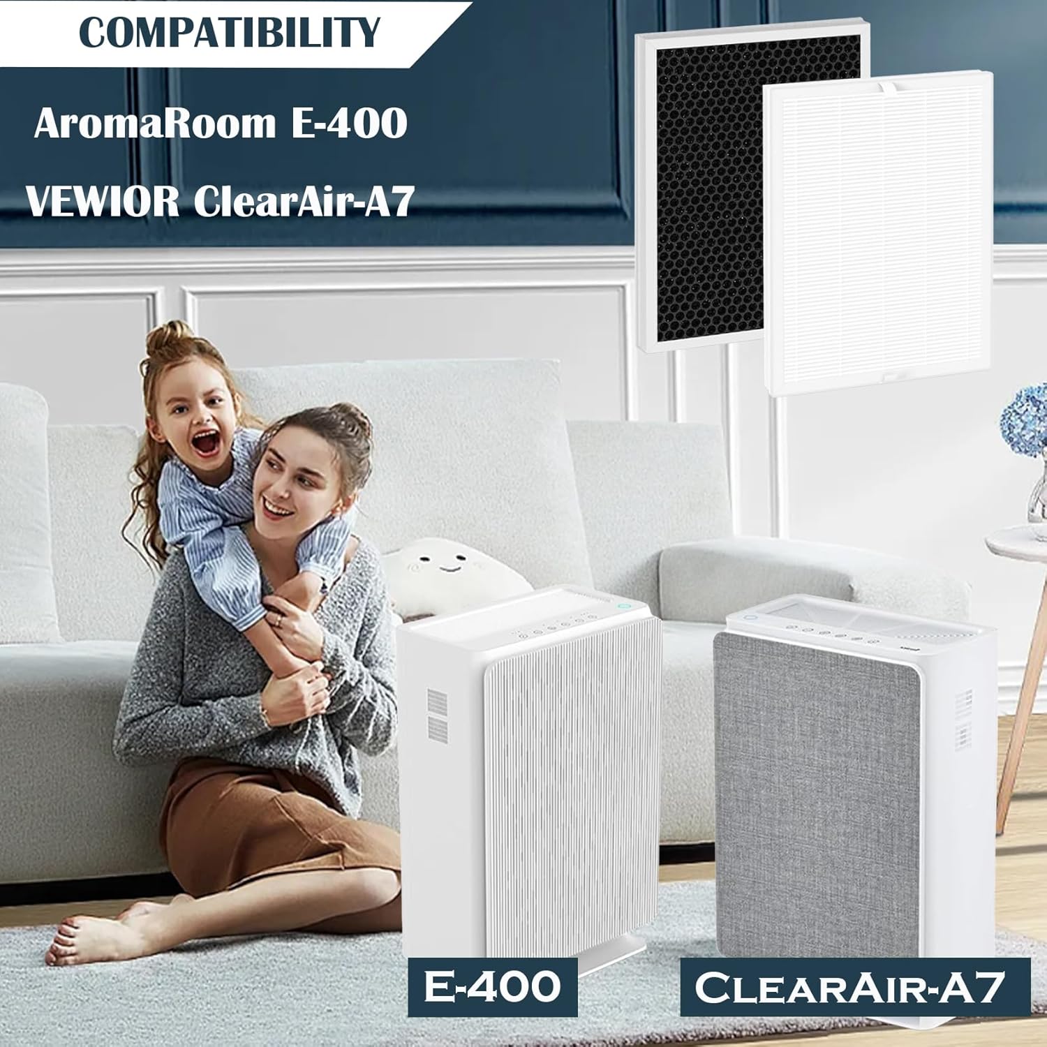 ClearAir-A7 & E-400 Replacement Filter Compatible with AromaRoom E-400 and VEWIOR ClearAir-A7 Air Purifier | HEPA + Activated Carbon Pre-Filter | 3-Stage Filtration - 2-Pack - Image 2