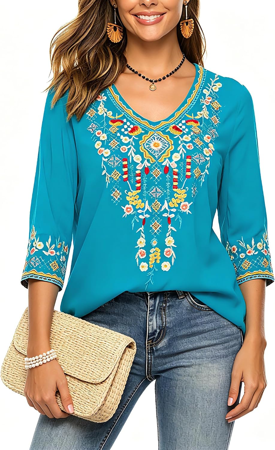 AK Women's Embroidered Tops 3/4 Sleeve Traditional Mexican Shirts for Women V Neck Peasant Tunic Blouses
