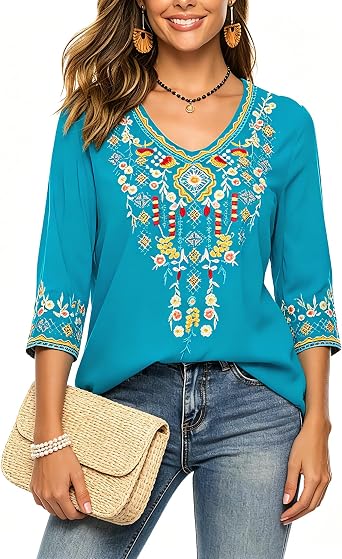 AK Womens Embroidered Tops 3/4 Sleeve Traditional Mexican Shirts for Women V Neck Peasant Tunic Blouses