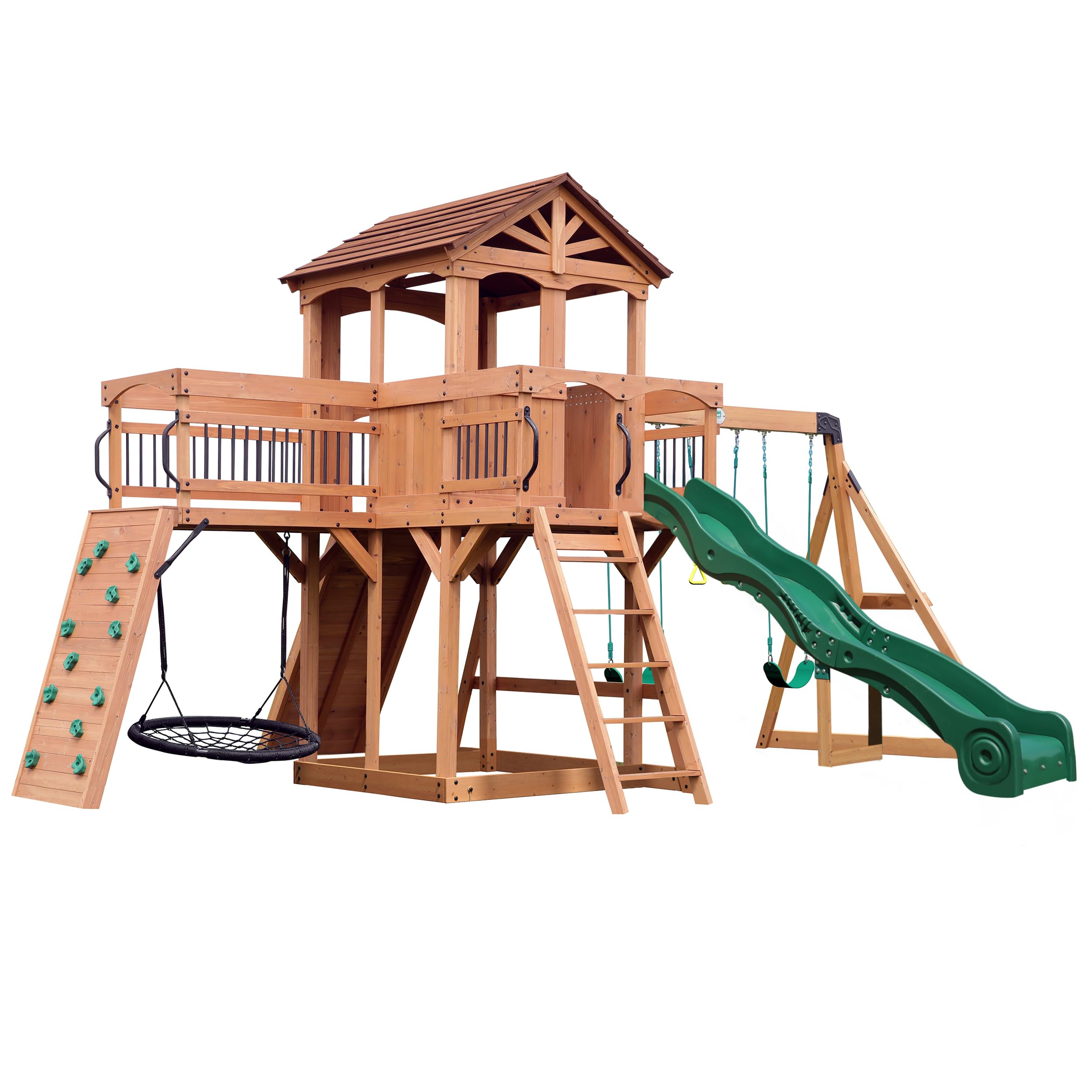 – Backyard Discovery Sterling Point | 100% Cedar Wooden Swing Set | Outdoor Garden Climbing Frame for Kids | 1 Web Disc, 2 Belt Swings & Trapeze Bar with Wave Slide