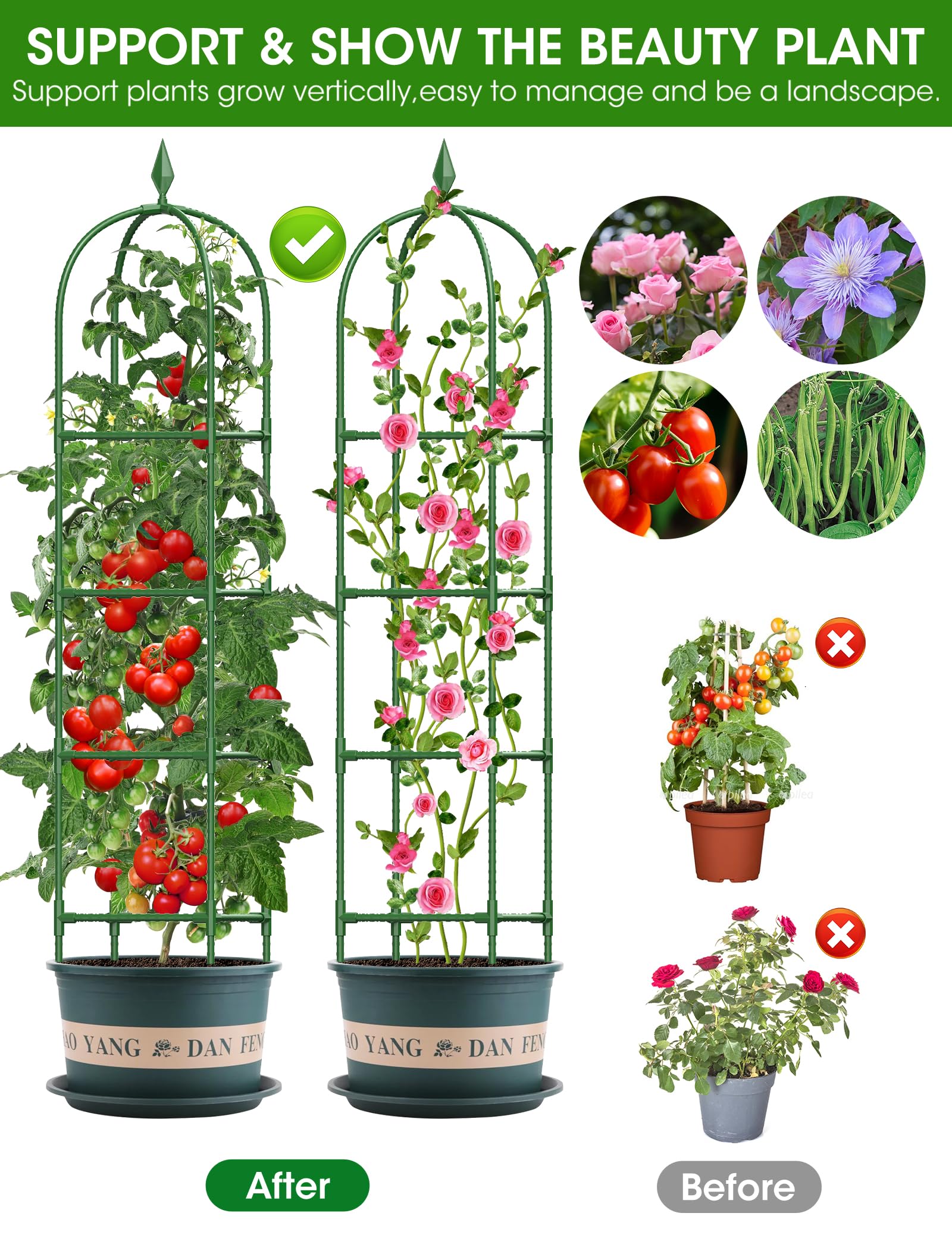 Enrejado de jardín Obelisco para Flores, 180cm Soporte Plantas Trepadoras Jaula para Plantas de Tomate para Plantas de Tomate, Escalada Vegtables, Flowers, Fruit 2 Piezas