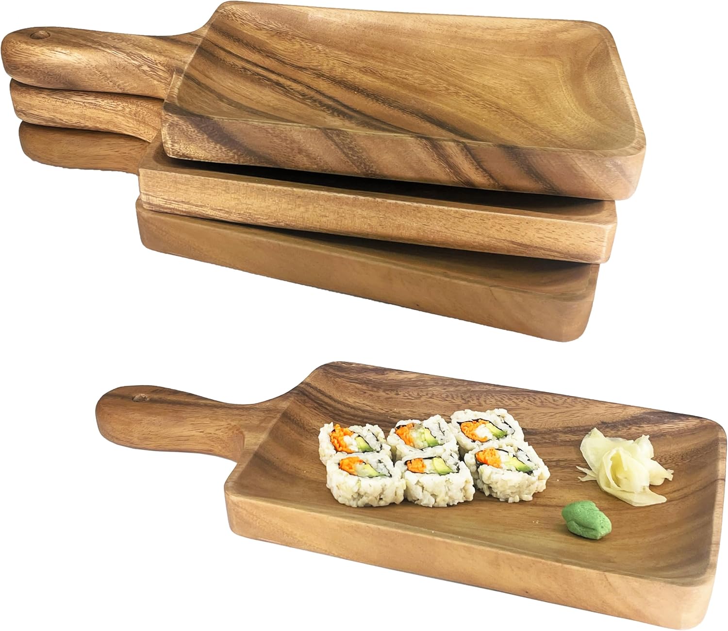 Woodard & Charles Acacia Wood Large Individual Paddle Board Serving Tray, 13.75" x 6", Set of 4