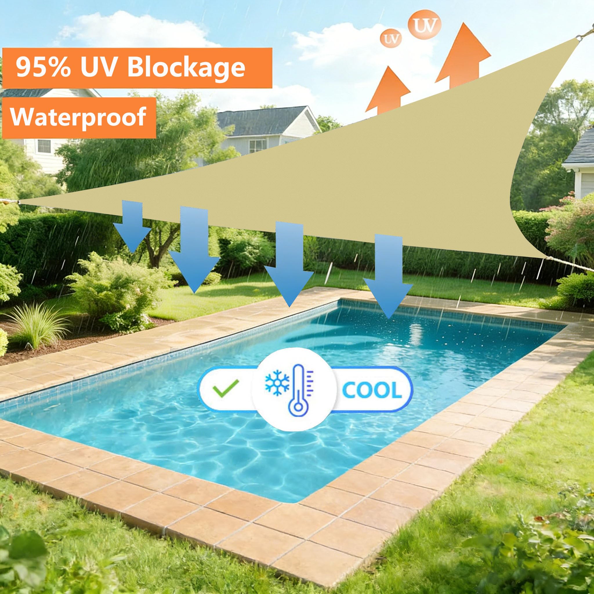 Toldo Vela de Sombra Impermeable 6.5x6.5x9.2M Triangular Toldos Exterior Terraza Protección Rayos UV Resistente al Desgarro con 3 Cuerdas Fijas para Terraza Balcon Patio Exteriores Jardín Arena