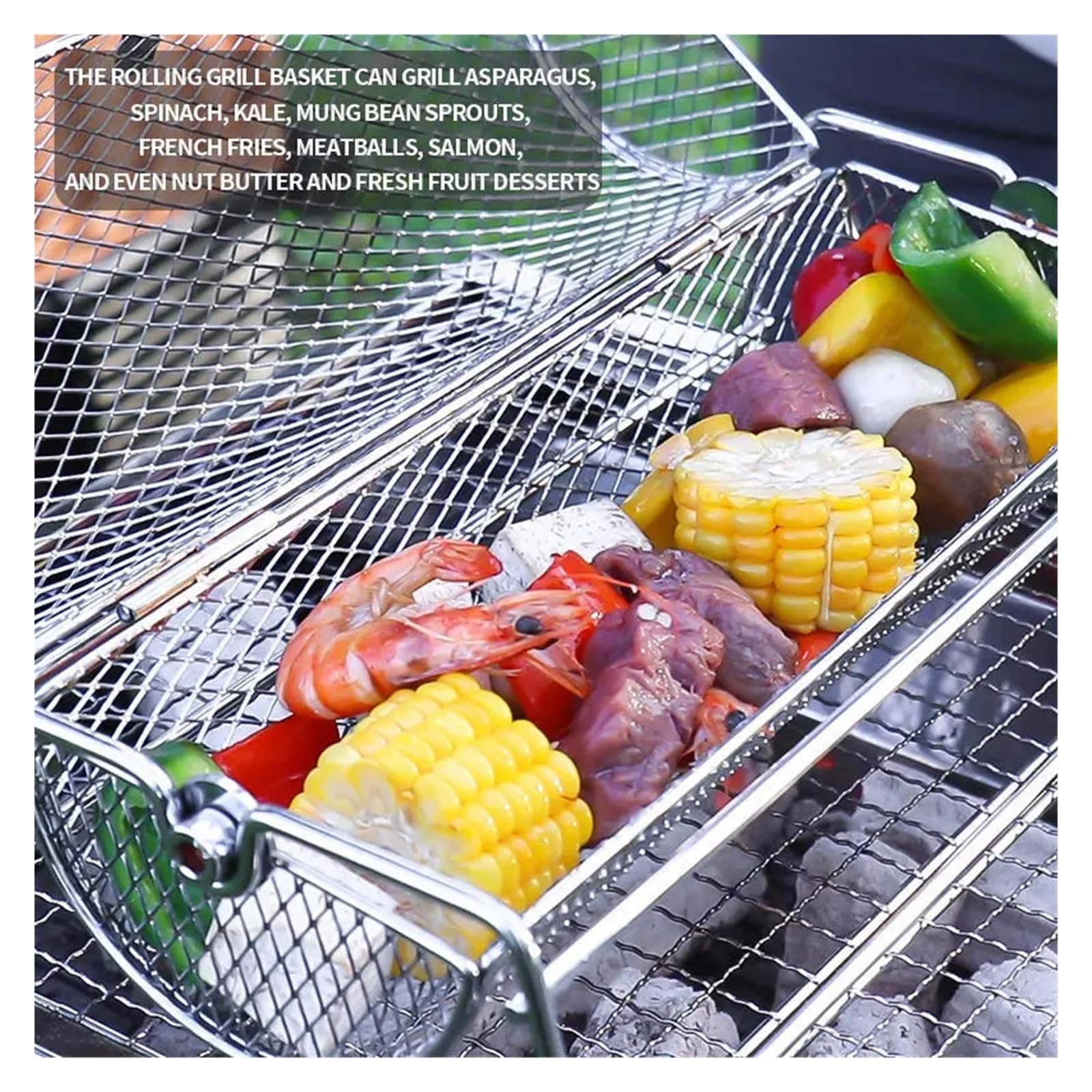 Kosz na rożen ze stali nierdzewnej, 1 szt., siatkowy kosz z podstawą do pieczenia na świeżym powietrzu, idealny do grillowania mięsa i warzyw