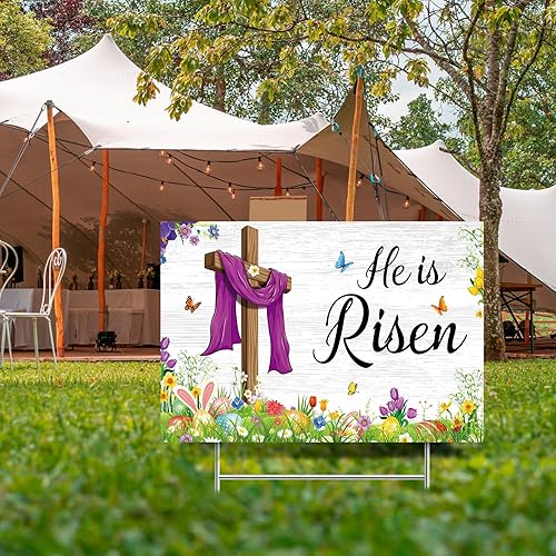 Miniatura 7 de Letrero de Pascua para patio, decoración al aire libre, con texto en inglés "Happy Easter He is Risen", letrero de pascua para jardín, patio,
