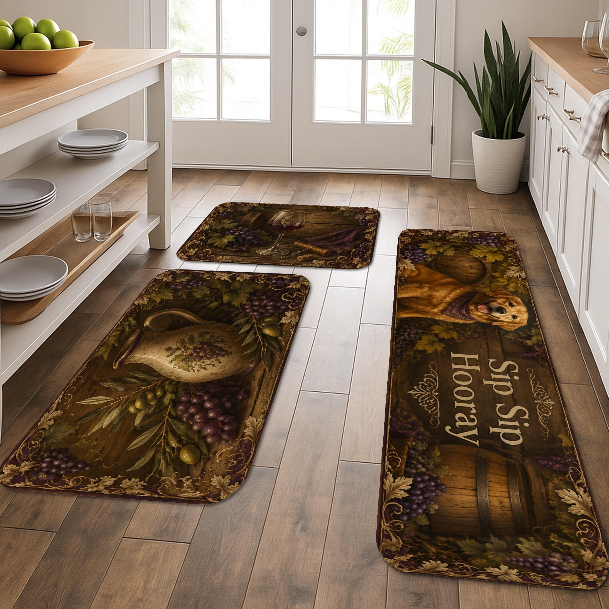 Lot de 3 tapis de cuisine vintage thème vin doux et lavables