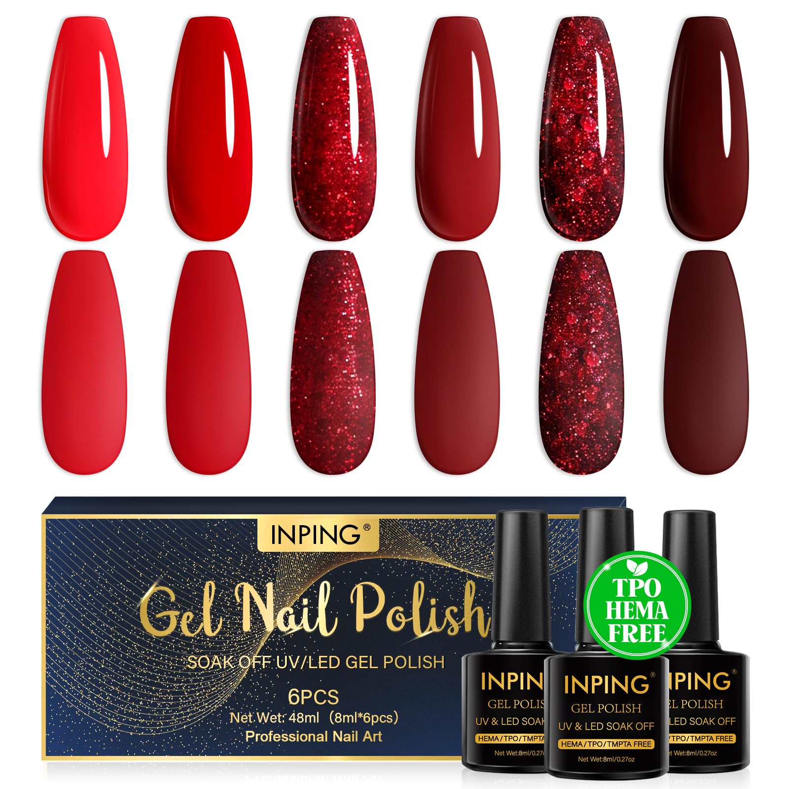 INPING UV Nagellack, HEMA/TPO/TMPTA-Frei, 6 Farben UV Gel Nagellack Soak-Off UV/LED Gel Nägel für Anfänger DIY Nail Art Lack Maniküre Salon, Langlebig, 8 ML