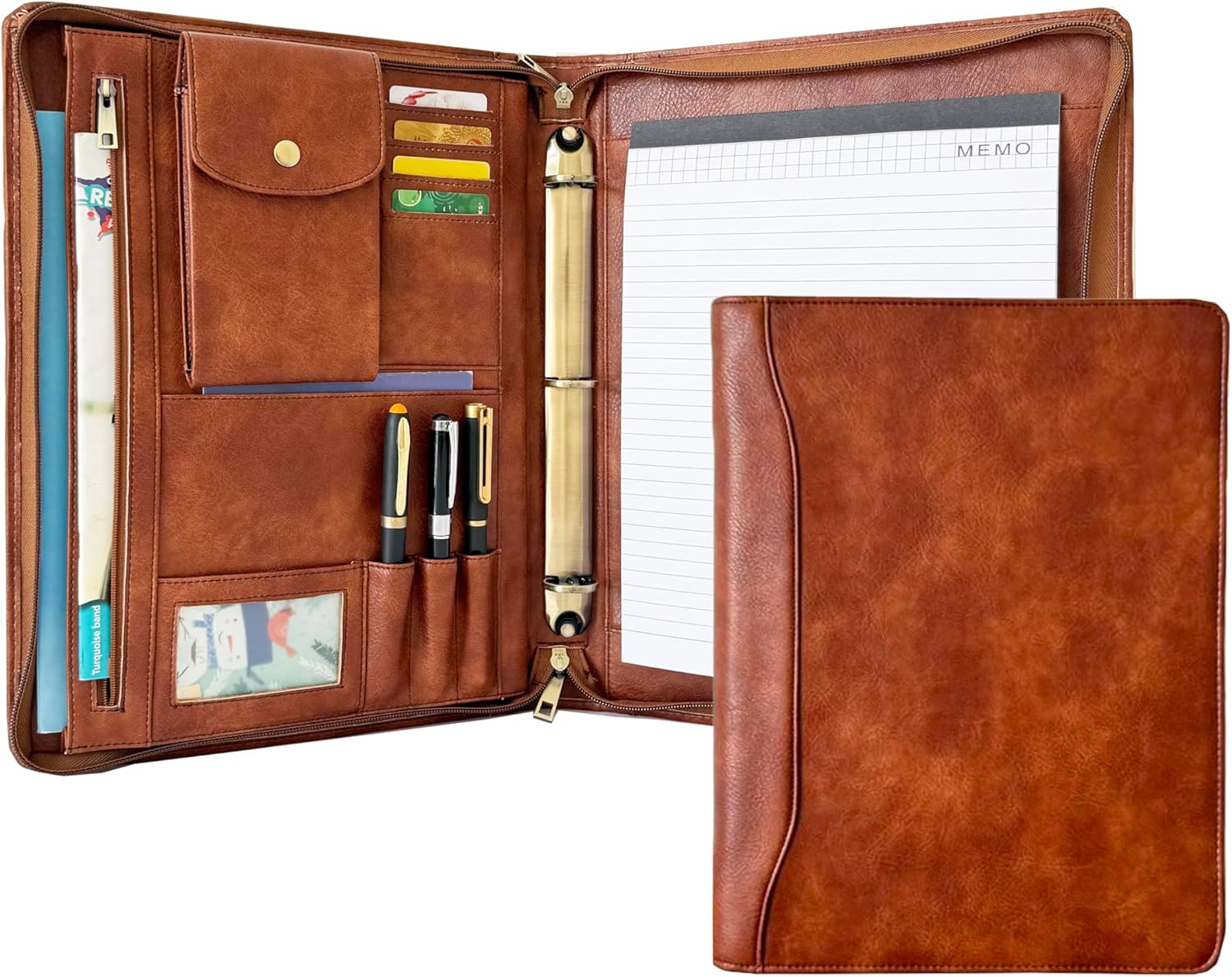 3 Ring Binder Vegan Leather Portfolio, Zippered Portfolio for Men, Letter Size Organizer Folder Padfolio A4 Document Bag for 13.3 inch Tablet Laptop (Brown, Standard)