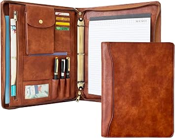 3 Ring Binder Vegan Leather Portfolio, Zippered Portfolio for Men, Letter Size Organizer Folder Padfolio A4 Document Bag for 13.3 inch Tablet Laptop Brown, Standard