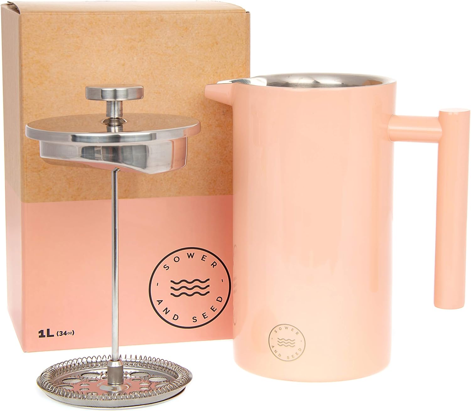 French Press Coffee Maker, Stainless Steel Vacuum Insulated Large, 34 oz Double