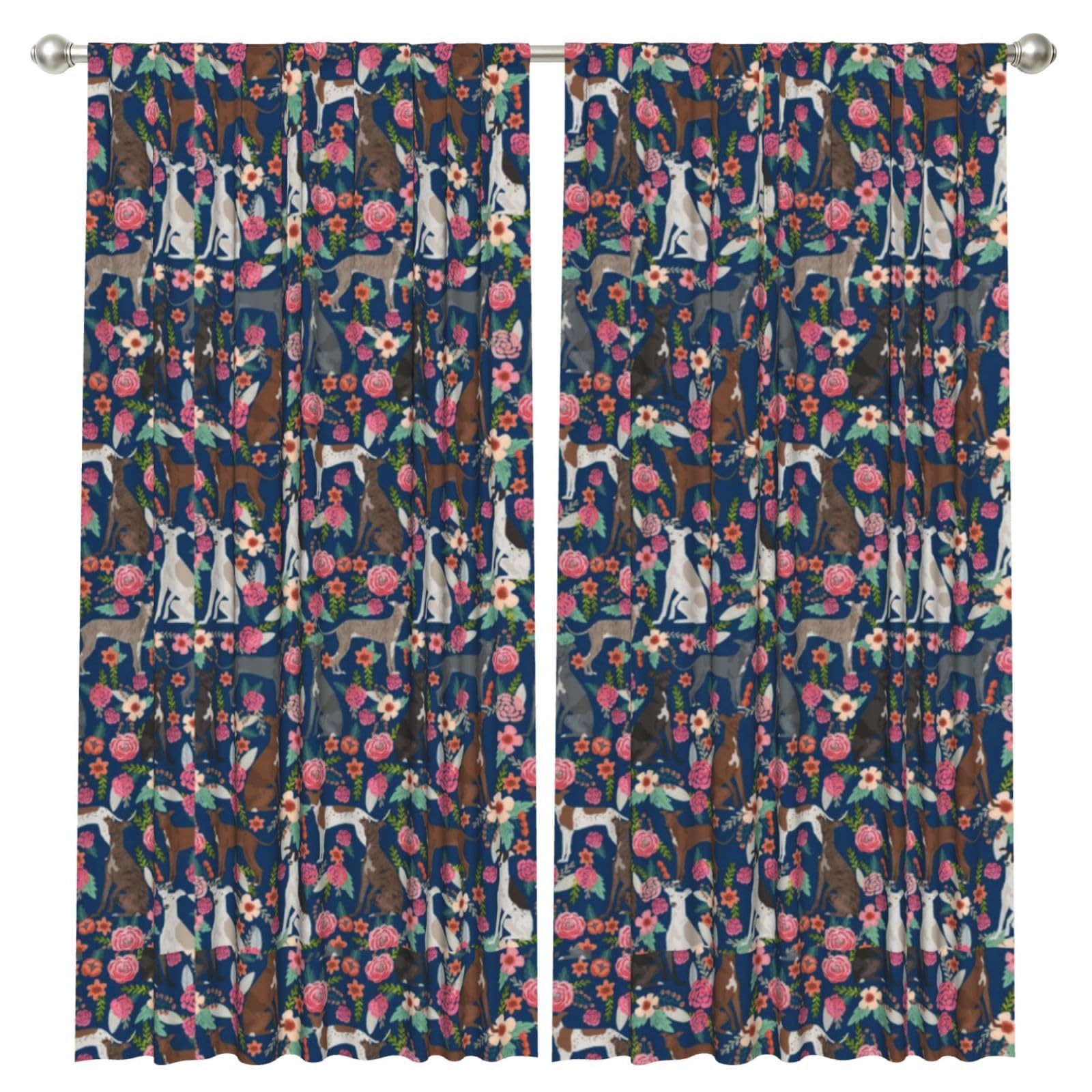 InOmak Italian Greyhound Florals Best Dogs And Flowers Navy, 2 Panels Window Curtains 52 x 84 Inch Blackout Curtains for Living Room Bedroom