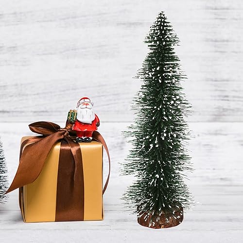 Miniatura 8 de DUDNJC - 4 árboles de Navidad de mesa de pino esmerilados con base de madera, cepillo para botella, árboles falsos, adornos de nieve de invierno de