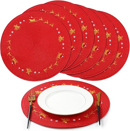 Tioncy 6 manteles individuales de plástico redondos de Navidad con copos de nieve rojos de 13.4 pulgadas, mantel individual de reno de invierno con
