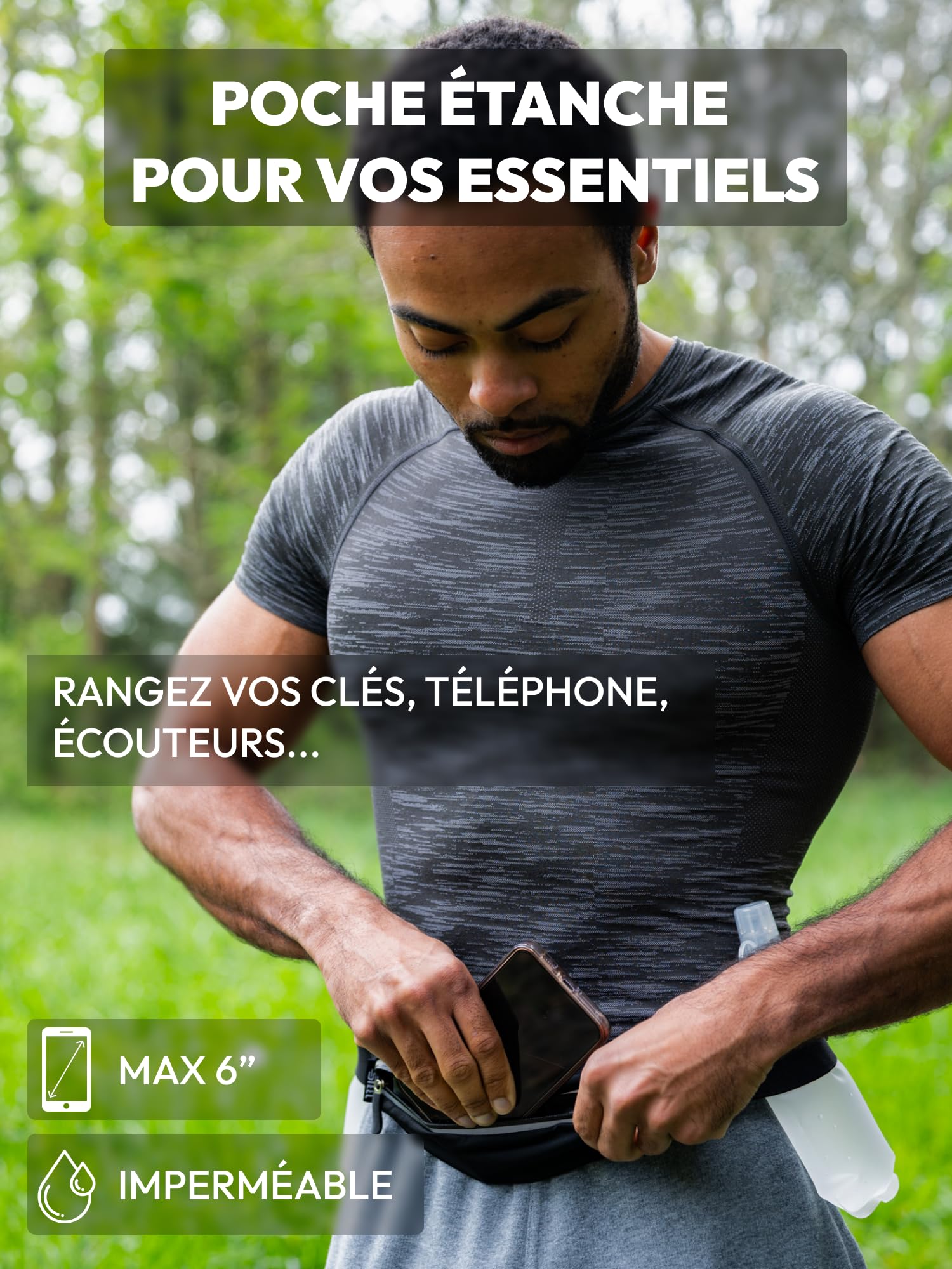 Cinturón Running Running Running – Rendimiento, Práctica y Confort, Bolsa Banana Sport Belt Botella Flexible Porta Bidón Bolsillo Impermeable Hombre Mujer para Smartphone Jogging Marca Francesa, Negro