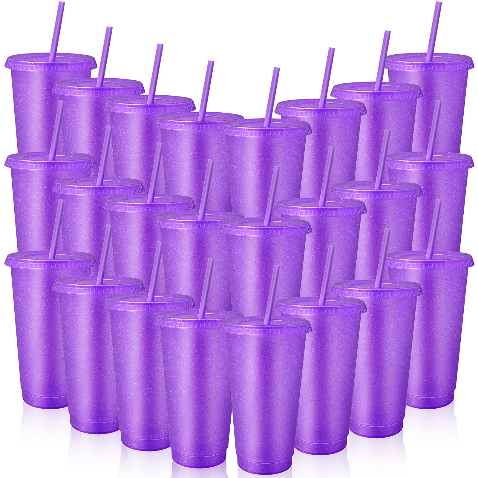 Lot de 24 gobelets réutilisables avec couvercles et pailles, gobelets de voyage en plastique pailleté pour smoothie, jus de fruits, anniversaire, soirée pyjama, fête (violet)