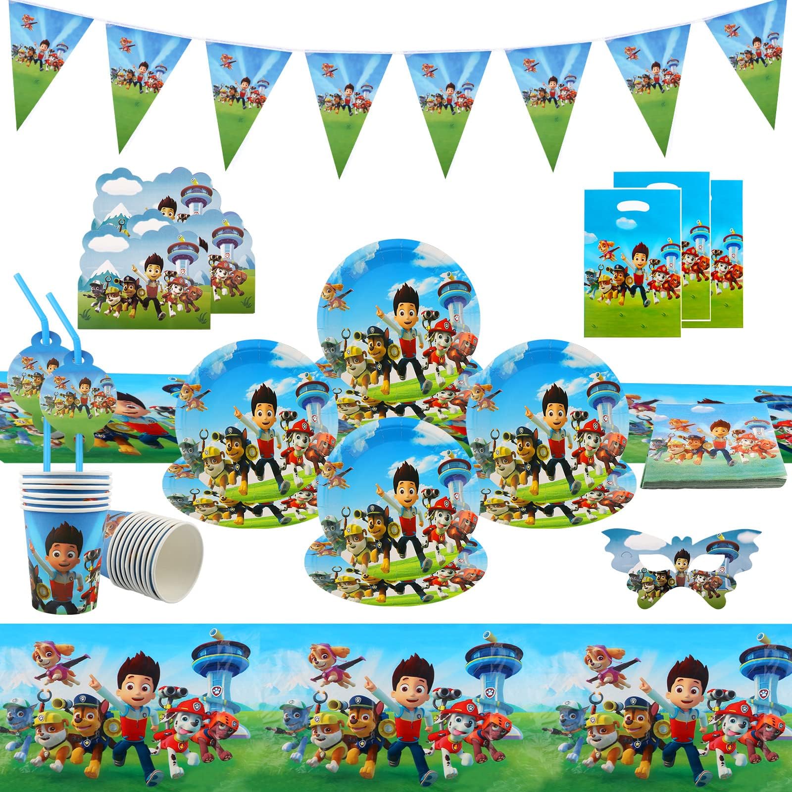 82PCS Party Tableware Set with Cartoon paw, Birthday Party Decorations, Kids Party Supplies Including Party Plates Cups Tablecloth Decoration Party Decorations for 10 Guests