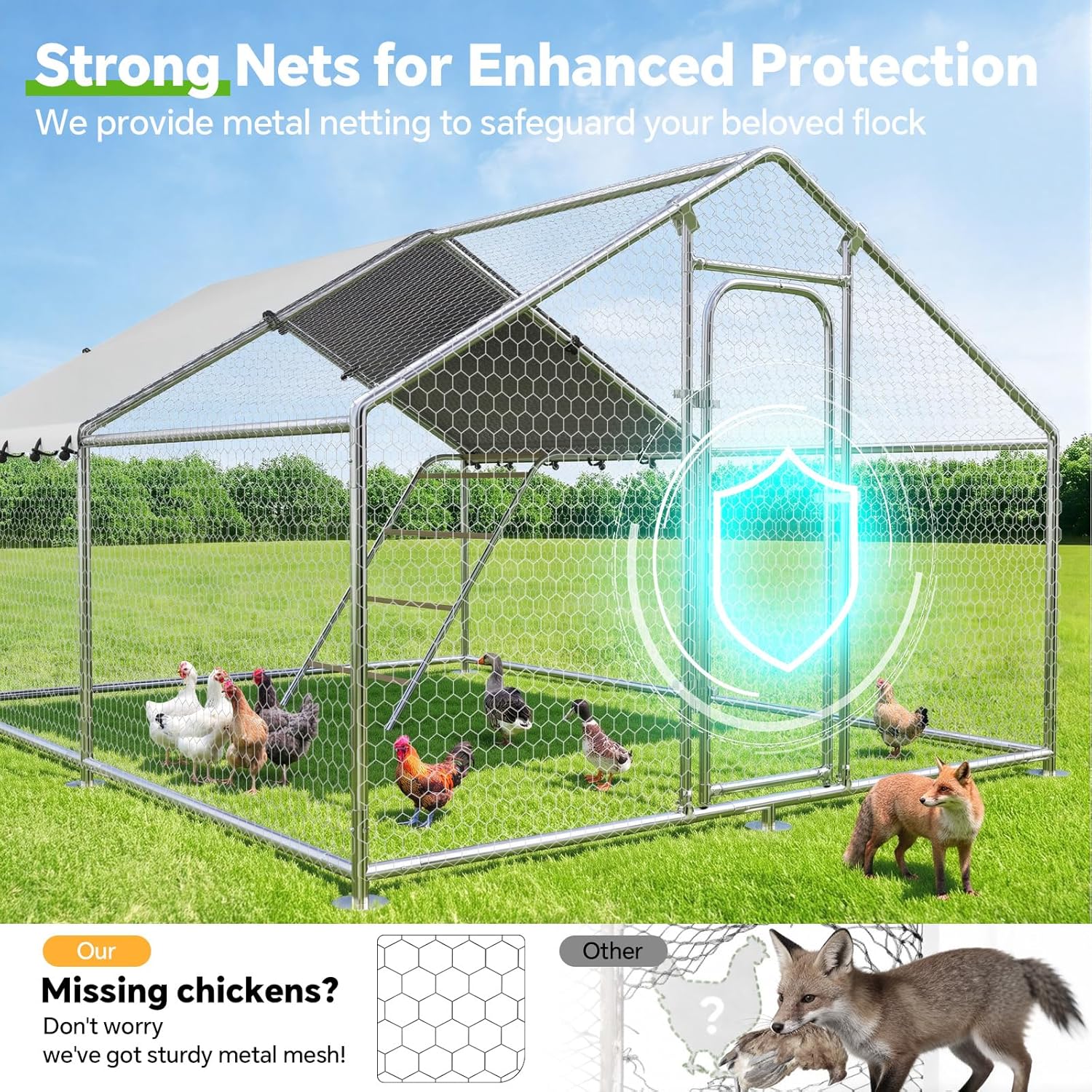 Large Metal Chicken Coop with Waterproof &UV-Resistant Cover&Perch,9.8' Lx 13.2' x 6.4' Chicken Run Outdoor Walk-in Cage Rabbit Duck Hen House for Yard Farm,Spire Roof