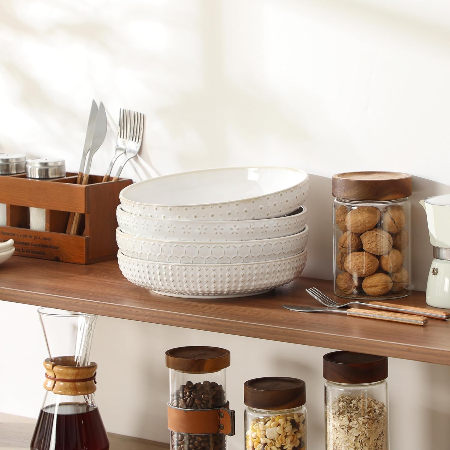 MALACASA Pasta Bowls 48 Oz, 9.5 Inch Large Salad Bowls, Modern Relief Design Ceramic Serving Bowls, Wide and Shallow Plates Pasta Plates, Microwave & Dishwasher Safe, Set of 4, Series LYDIA