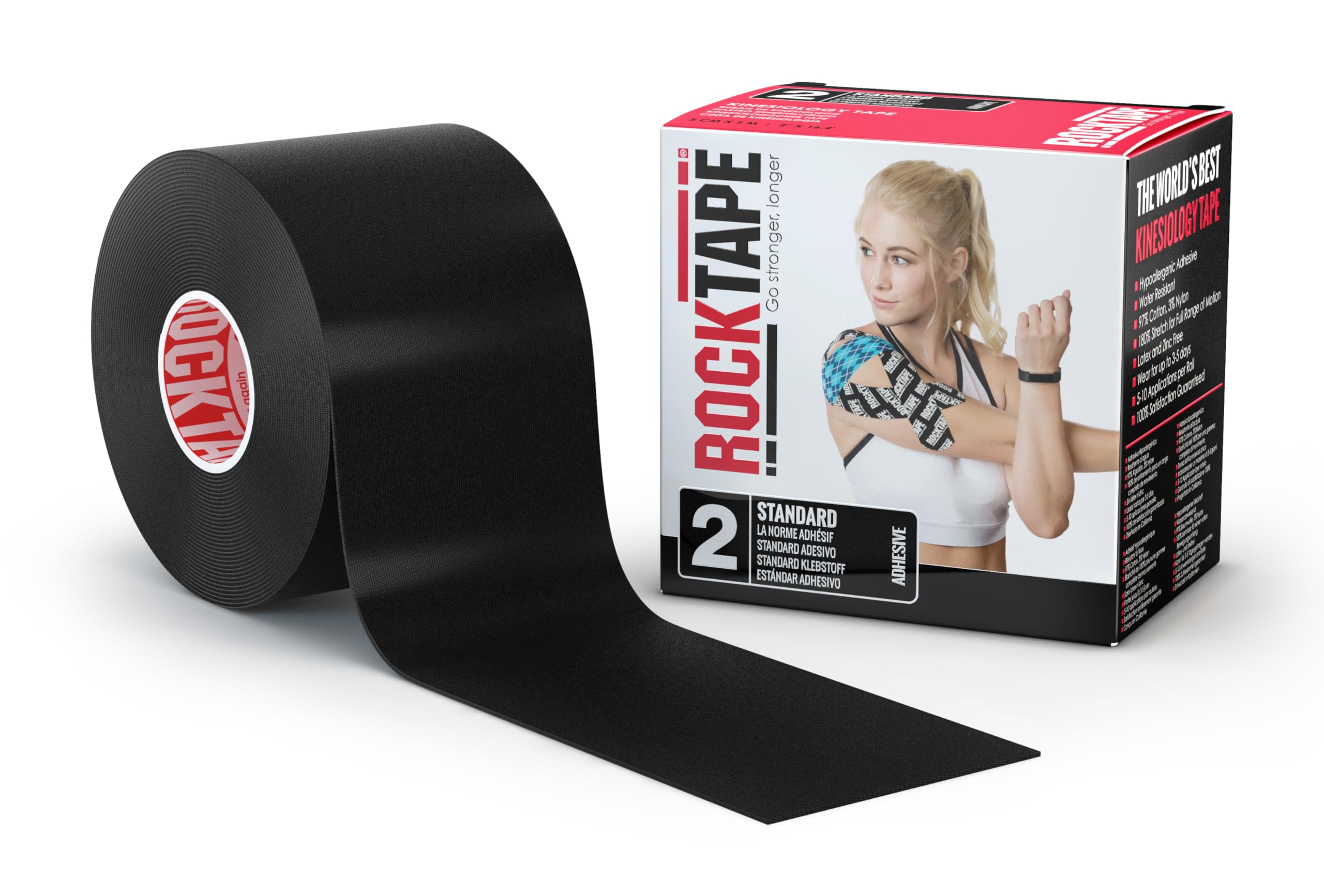 RockTape Extra Sticky Kinesiology Tape - Athletic Tape for Muscle Pain Relief, Injury Recovery - Microscopic Skin Lifting &amp; Decompression - Sweat &amp; Water Resistant