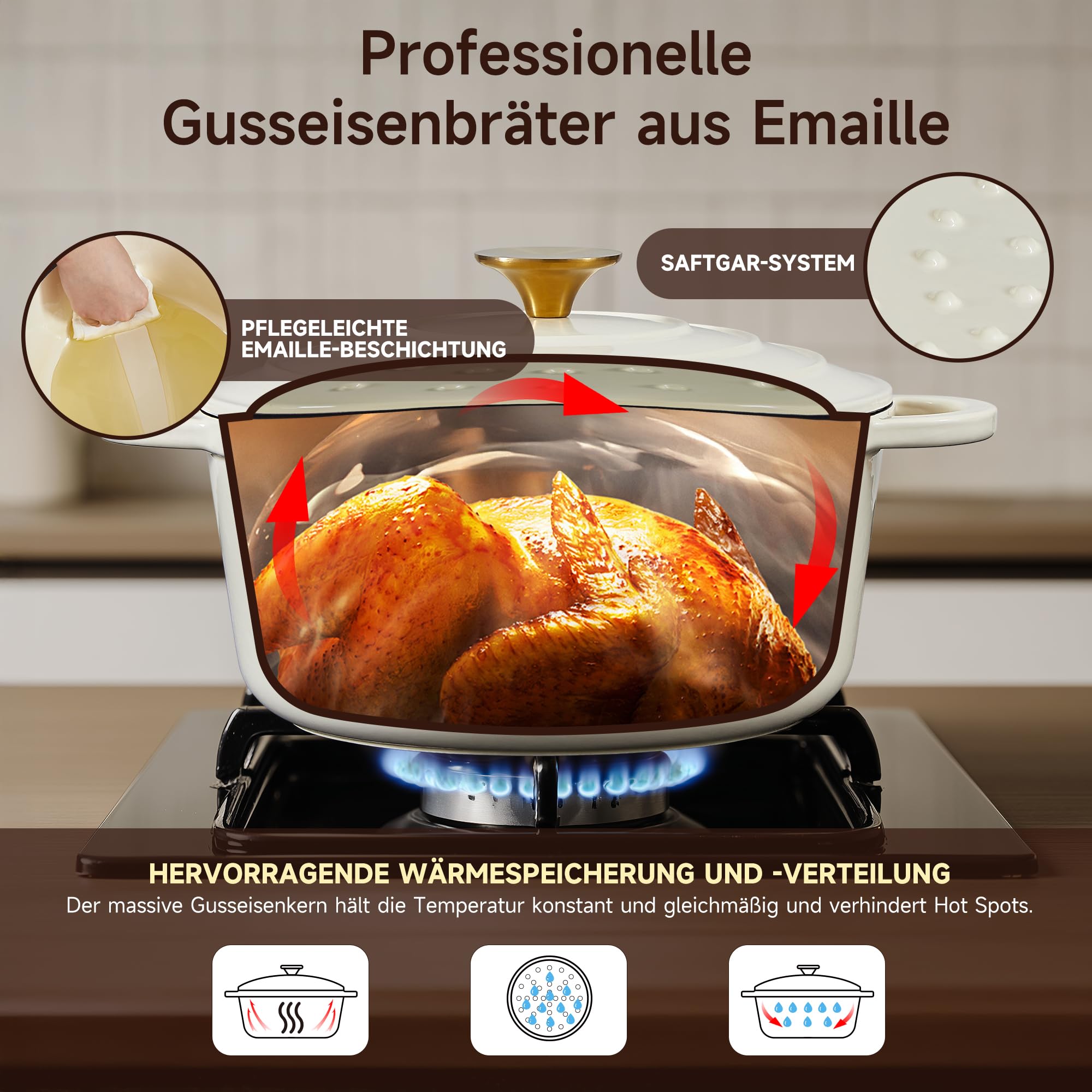 Nilpferd Gusseisen Topf Schmortopf 24cm Emaille Bräter mit Deckel Topflappen, Kasserollen Bratentopf brot backen für Schmoren Braten Incl.1 Paar Silikon Ofenhandschuhe&Topfuntersetzer (Cremeweiß, 4L)