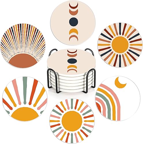 Posavasos para bebidas con soporte, 6 piezas, diseño bohemio minimalista de sol y luna, almohadillas absorbentes de agua para decoración de mesa de