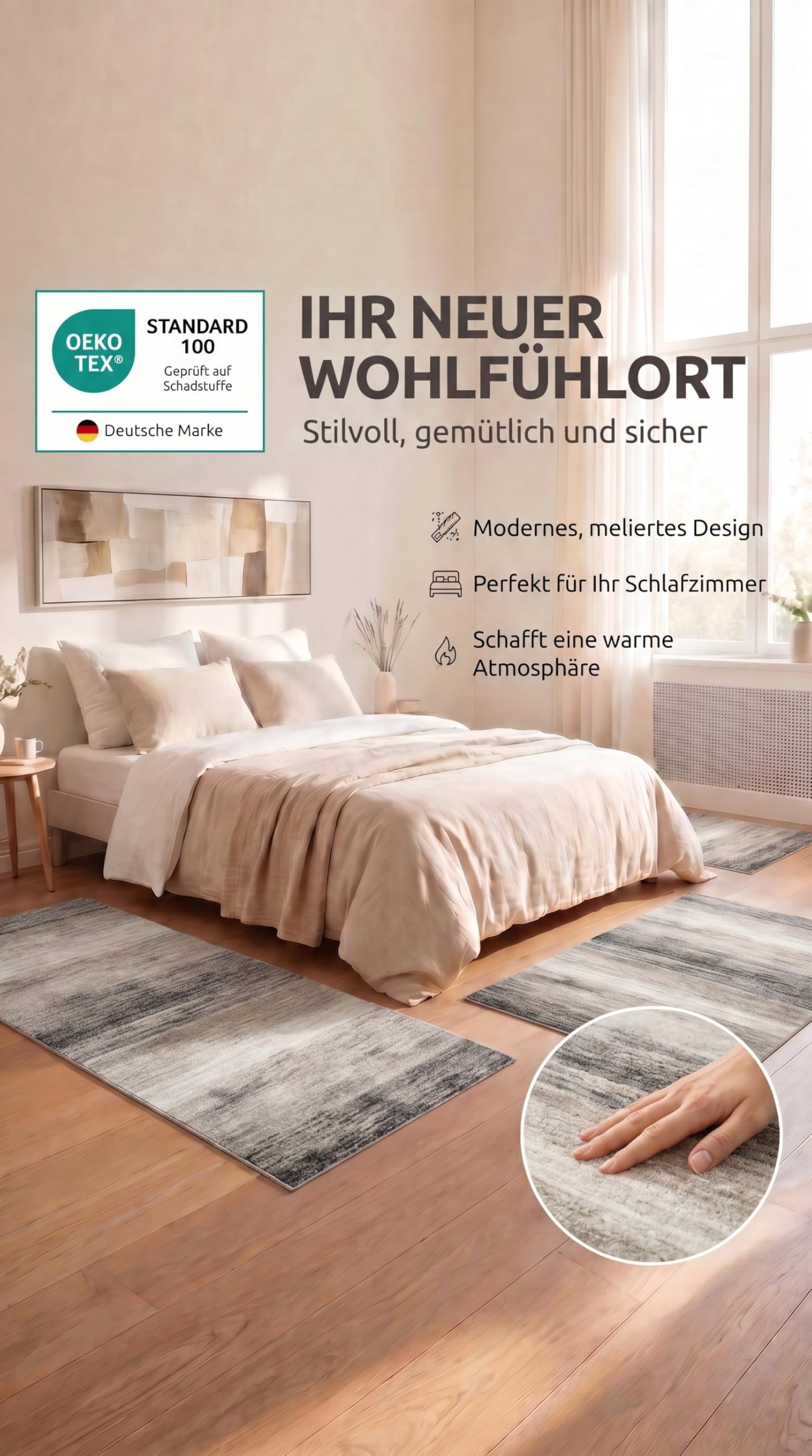 oKu-Tex Bettumrandung Set 3-teilig [67x340 cm | 2 mal 67x140 cm] Beiger Bettvorleger, meliert - weicher Kurzflor pflegeleicht - Bettvorleger Schlafzimmer - Modernes meliertes Design - Deutsche Marke