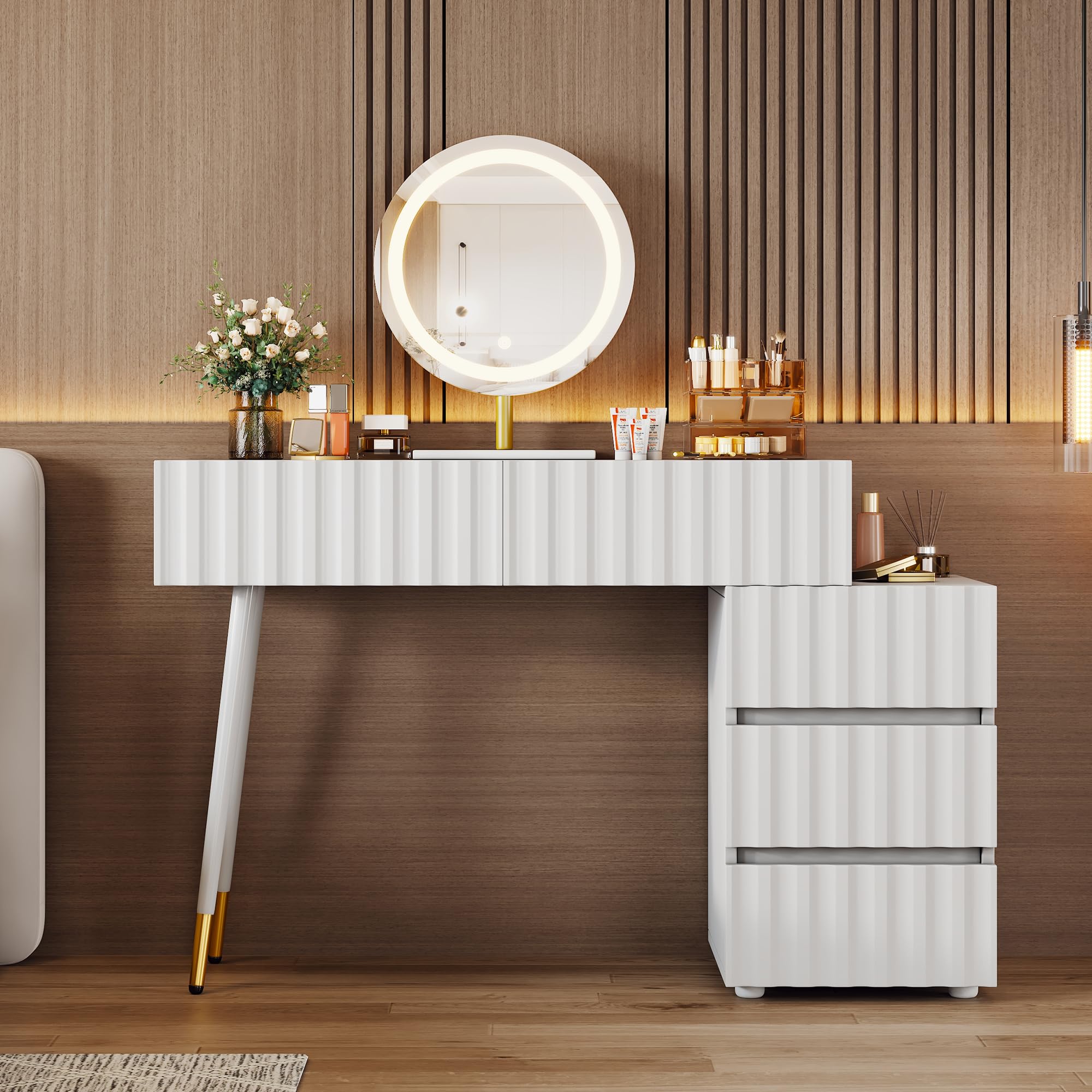 Lcoho Tavolo da toeletta con specchio a LED e illuminazione - Set da toeletta bianco per camera da letto con 5 cassetti spaziosi - Dimensioni: B100/H127/T40 cm (senza sgabello)