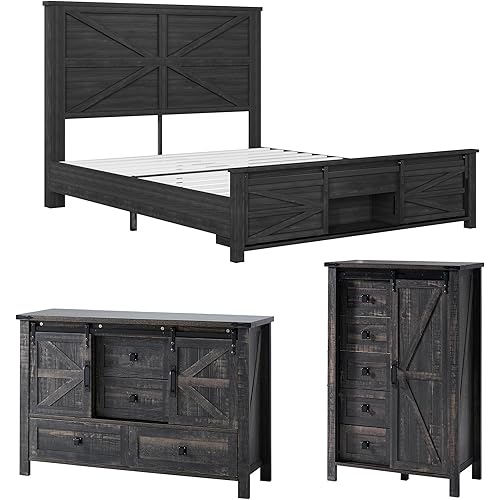 3 Pieces Bedroom Set, Includes Full Size Bed Frame with Sliding Barn Door Storage, 5 Drawer Tall Dresser, 47" Vintage Dresser with 4 Drawers, Farmhouse Bedroom Furniture, Oak Black