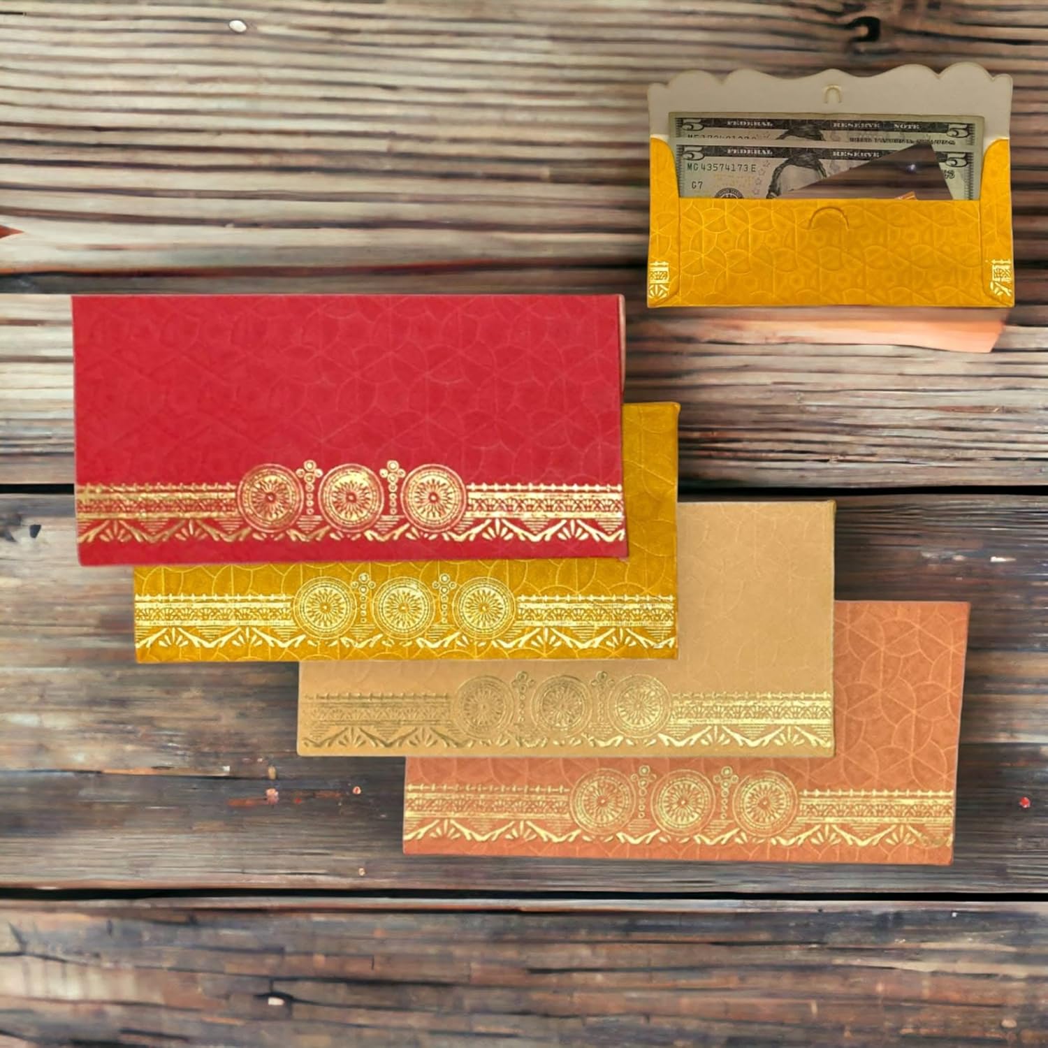 LoveNspire Money Envelopes (7.5 x 3.5 Inch) Decorative Golden Wheel Pattern Shagun Lifafa for Indian Wedding, Birthday | Cash Gift Holder & Home Savings Organizer Pack of 100