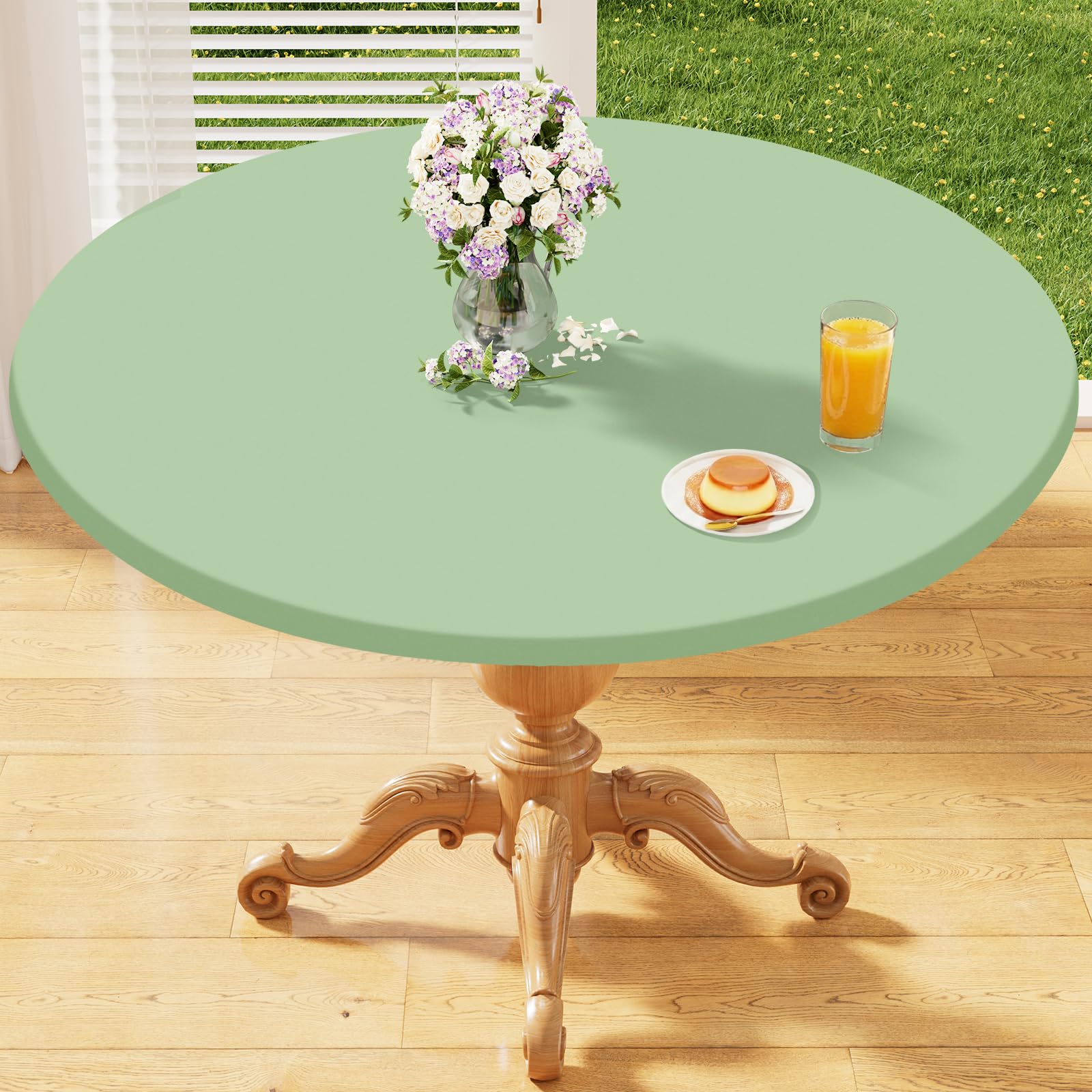 Homing Polyester Round Fitted Table Cover, Waterproof Elastic Outdoor Tablecloth Satin Resistant Washable Dining Table Protector for Holiday, Party, Green, Fits 36"-44" Round Tables — image 1