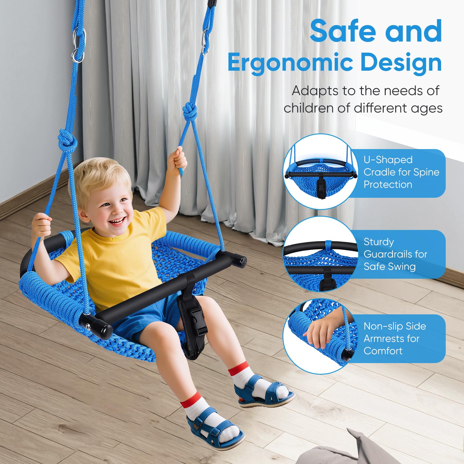 Columpio infantil 3 en 1 para exteriores, tejido a mano, cómodo y transpirable, columpio de altura ajustable para exterior, interior, jardín, parque infantil, capacidad de carga máxima 150 kg