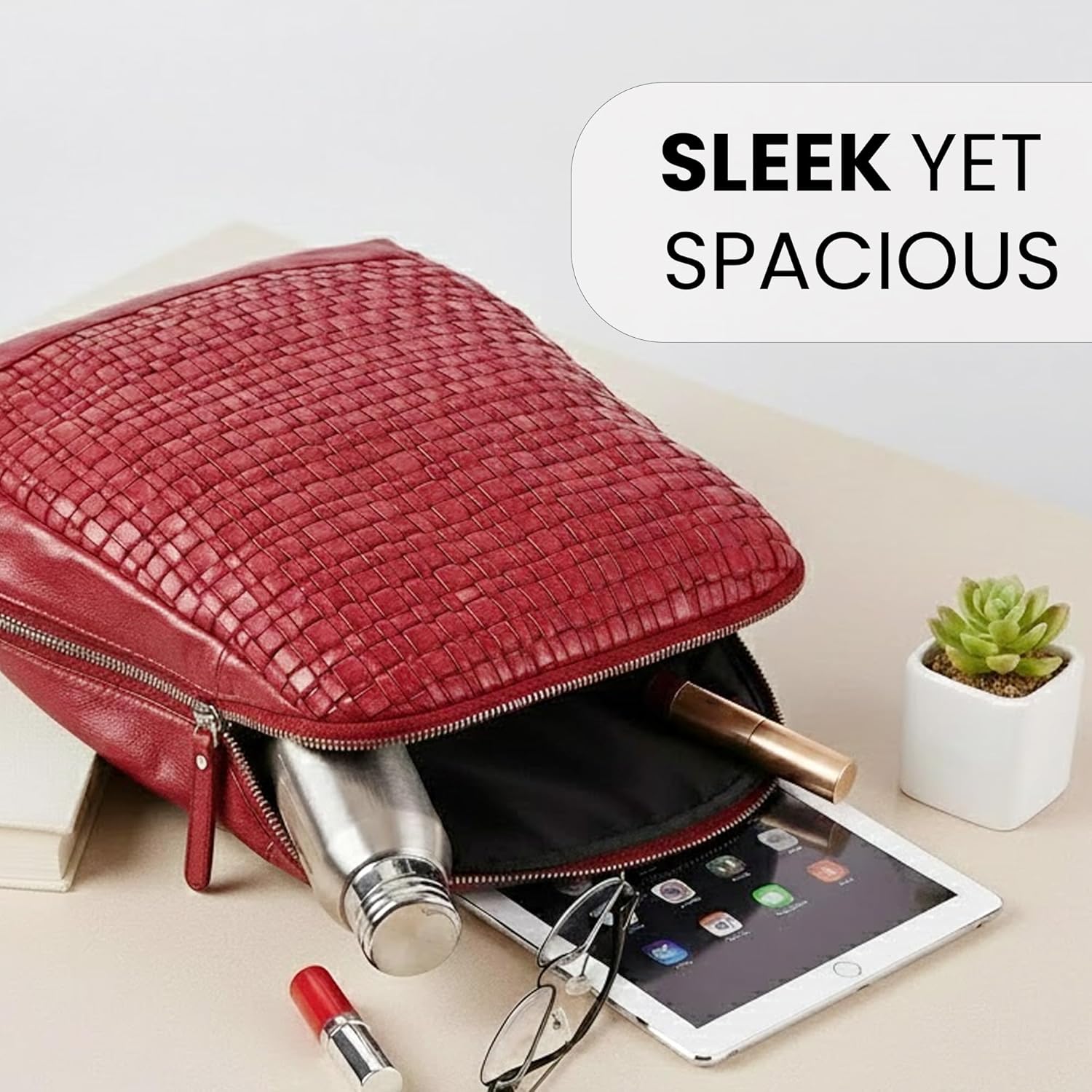 12.5 Inch Genuine Leather Backpack for Women and Men, Red Leather Backpack with Adjustable Shoulder Strap - Image 4