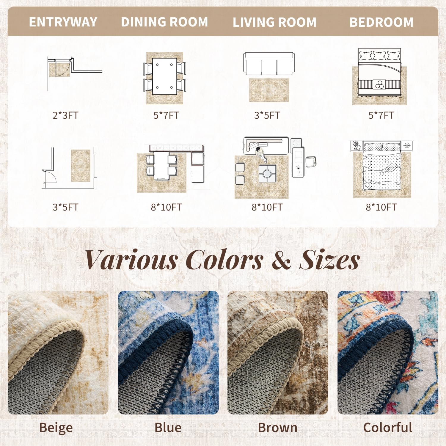tchdio 5x7 Area Rugs for Living Room, Vintage Non Slip Washable Rug, Soft Low Pile Neutral Area Rug Large Floor Indoor Carpet for Bedroom, Dining Room, Office (Beige, 5'x7')
