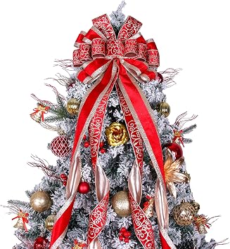 Christmas Tree Topper Wreath Bow Large Christmas Bow Tree Topper 52"x13" Red Ice Flower Velvet with Hook Flower Gift Bows for Xmas Holiday Home Wedding Thanksgiving Indoor/Outdoor Decoration
