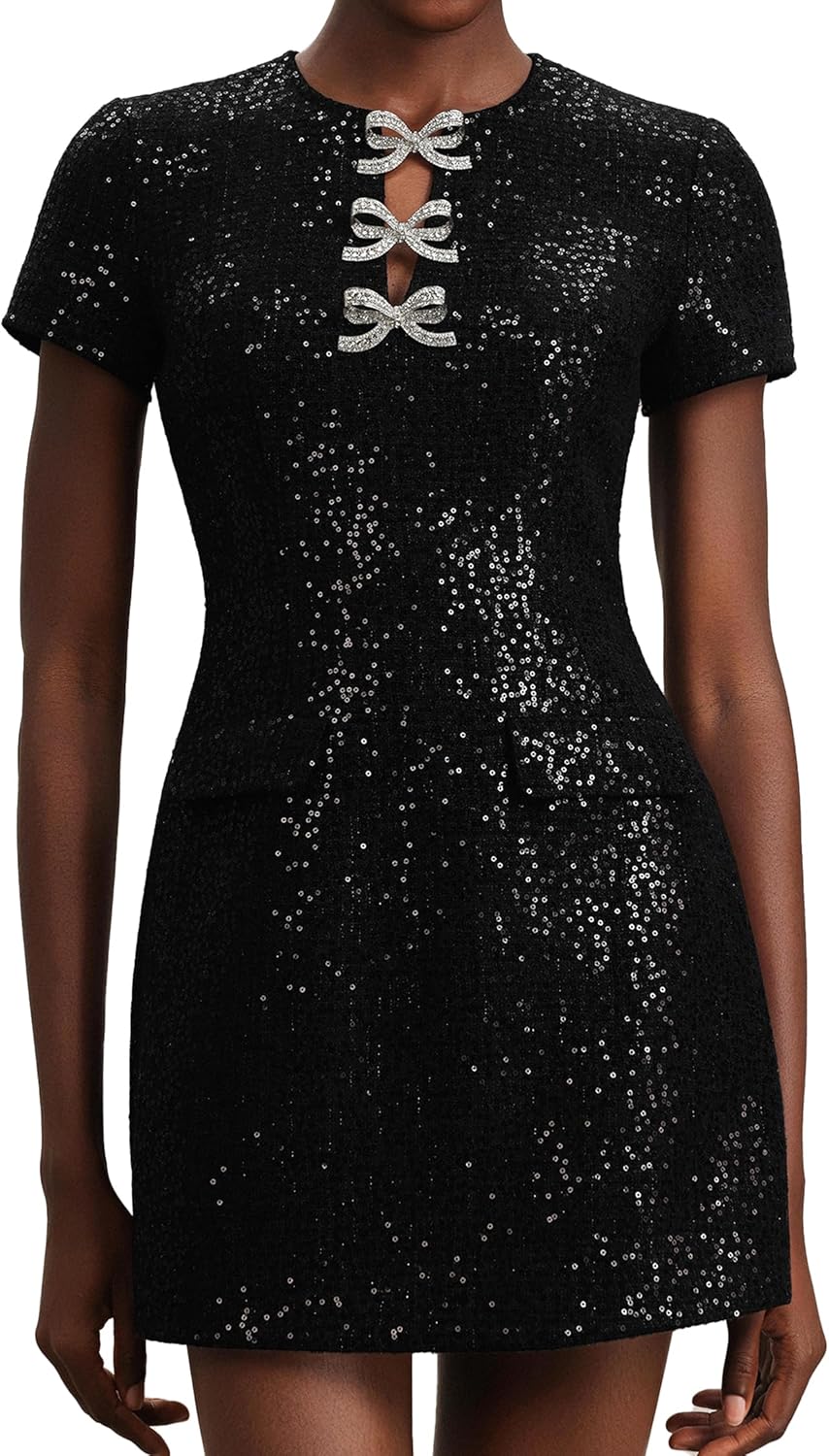 Black Bowknot Tweed Sequin Dress for Women Mini A Line Sparkle Hollow Out Party Date Night Dress
