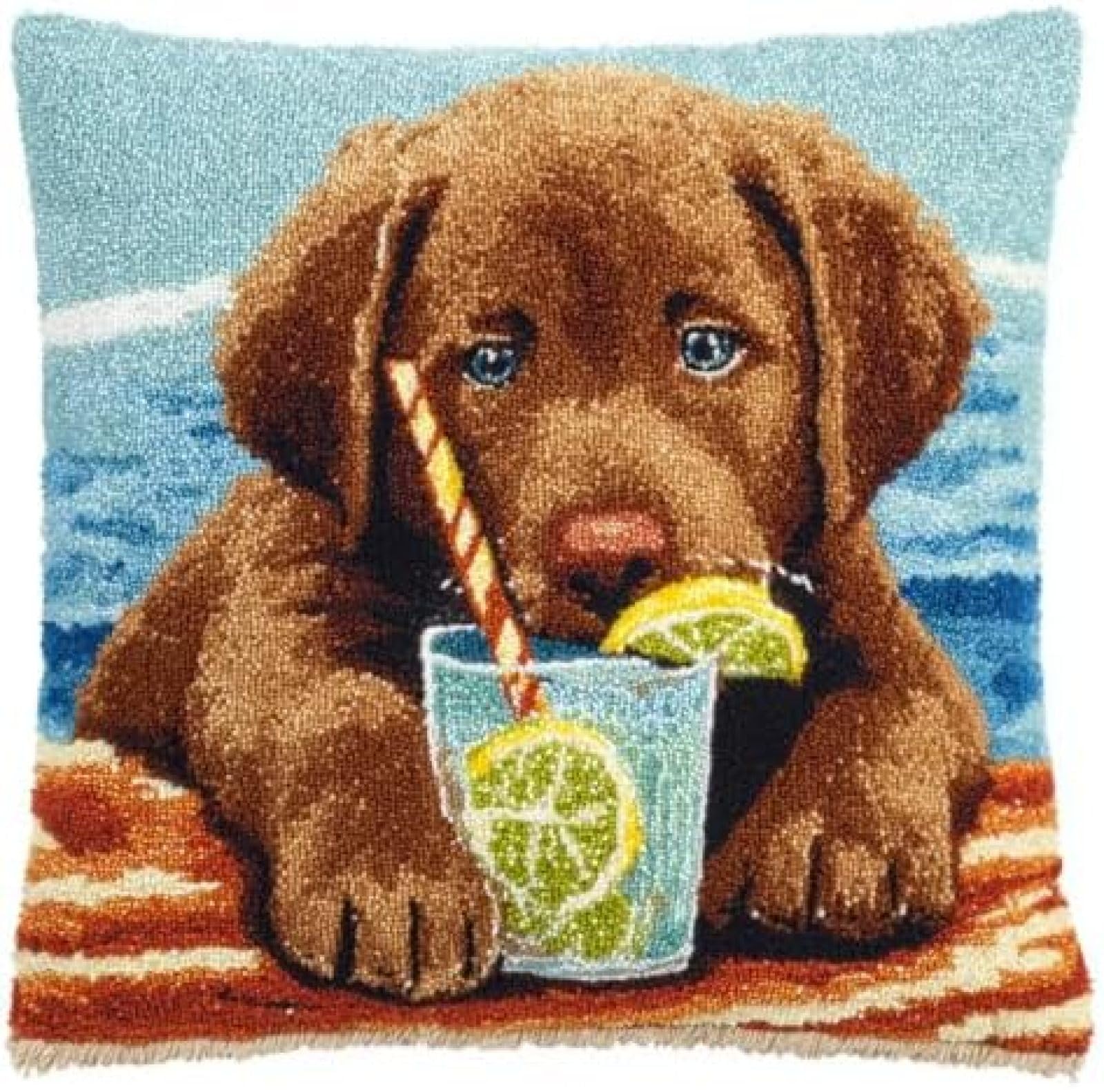 kitphoenix Latch Hook Cushion Kit for Adults,Retriever Drink Juice,Beginner Friendly DIY Craft Set with Pre-Cut Yarn,Hook and Printed Canvas,43x43 cm Cushion Cover