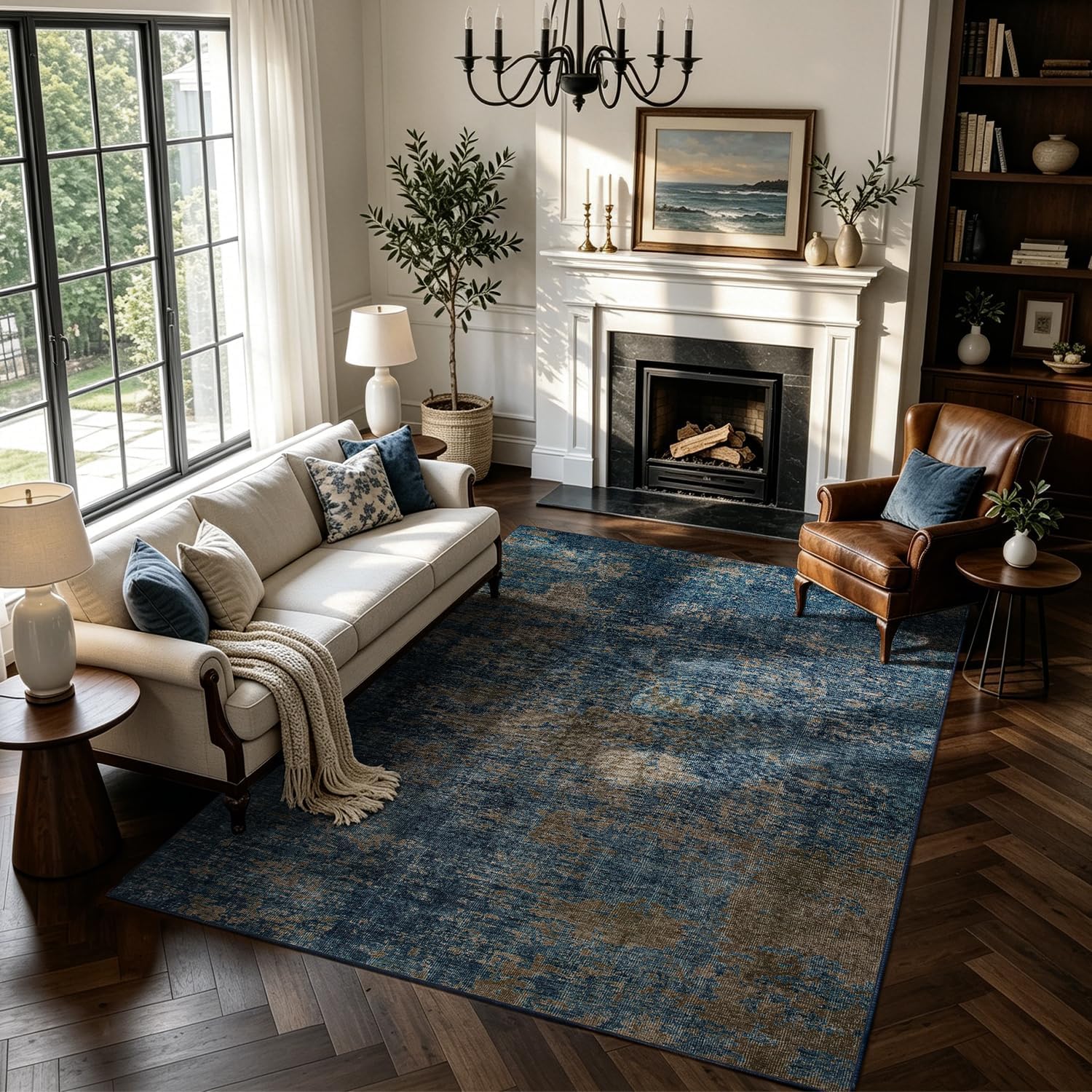 8x10 Washable Area Rug for Living Room,Bedroom,Dining Room,Nursery,Playroom | Ultra Soft,No Creases,Stain Resistant,Non-Slip,Non-Shedding,Machine Washable,Blue Brown Low Pile Carpet for Home Office Decor