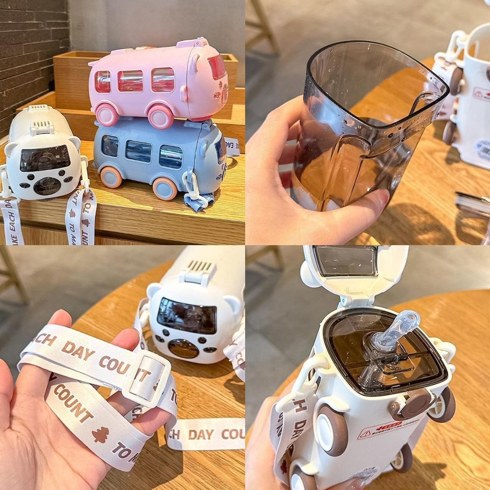 Portable Water Cup in Bus Shape with Strap 16.9 Oz, 360° Leak-Proof Flip Top Straw Cup - Cute Cartoon Design, Detachable & Portable for Travel, Camping(Yellow)