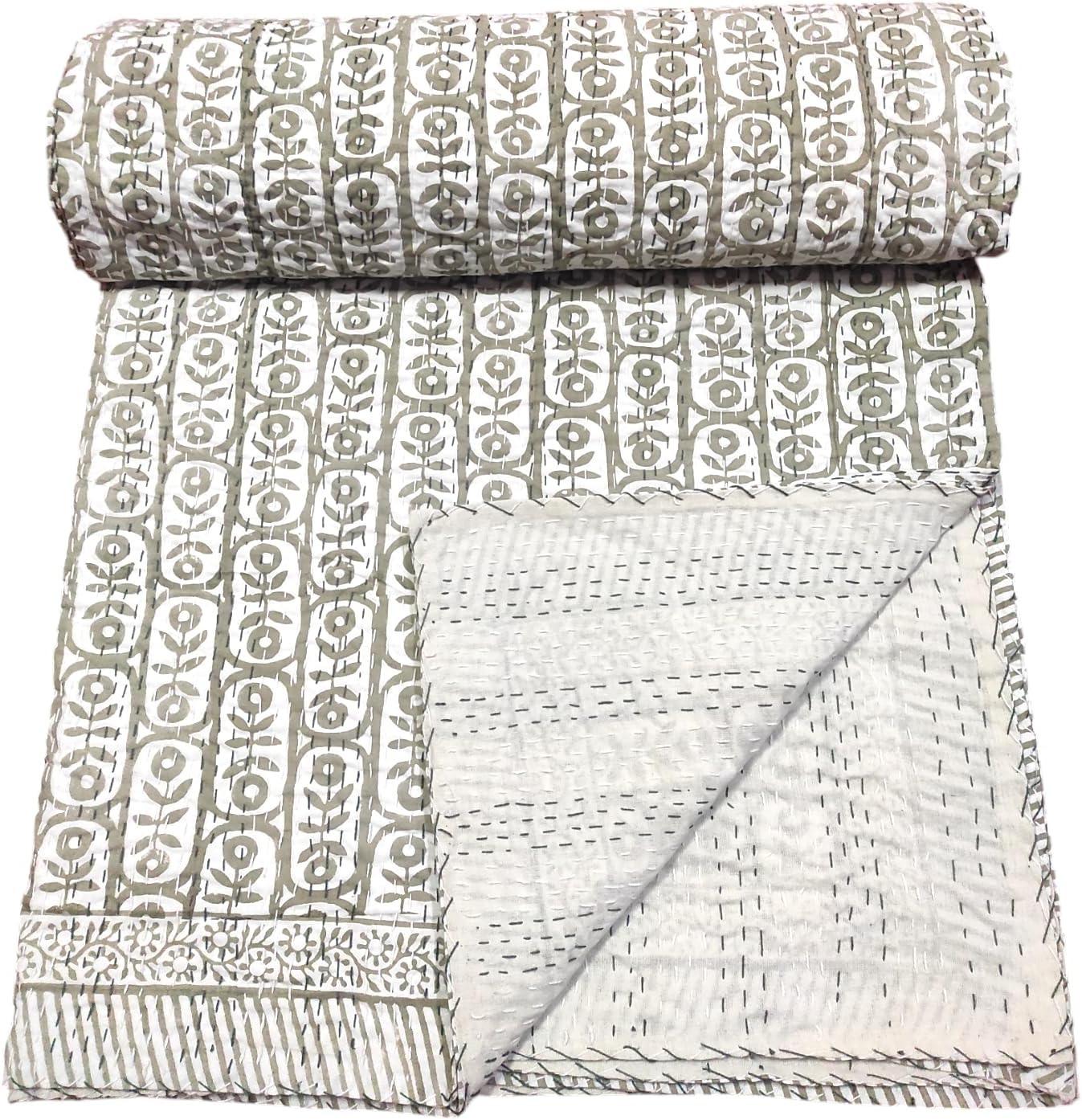 Indian Hand Block Cotton Kantha Bed Cover Hippie Bed Cover Hand Stitched Comforter Quilts Ethnic Bedding Bedspread (Super King, Hand Block 04)