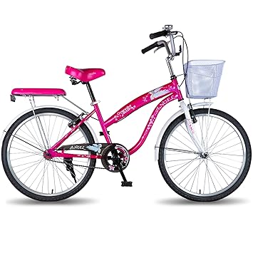 Vaux Angel 24T Women Bicycle for Age Group 10+ Years with Heavyduty Basket & Cushion Backseat, Light Weight Ladies Cycle with Alloy Rims, Ralson Tyres & V-Brakes, Ideal for Height 4ft+ (Pink)