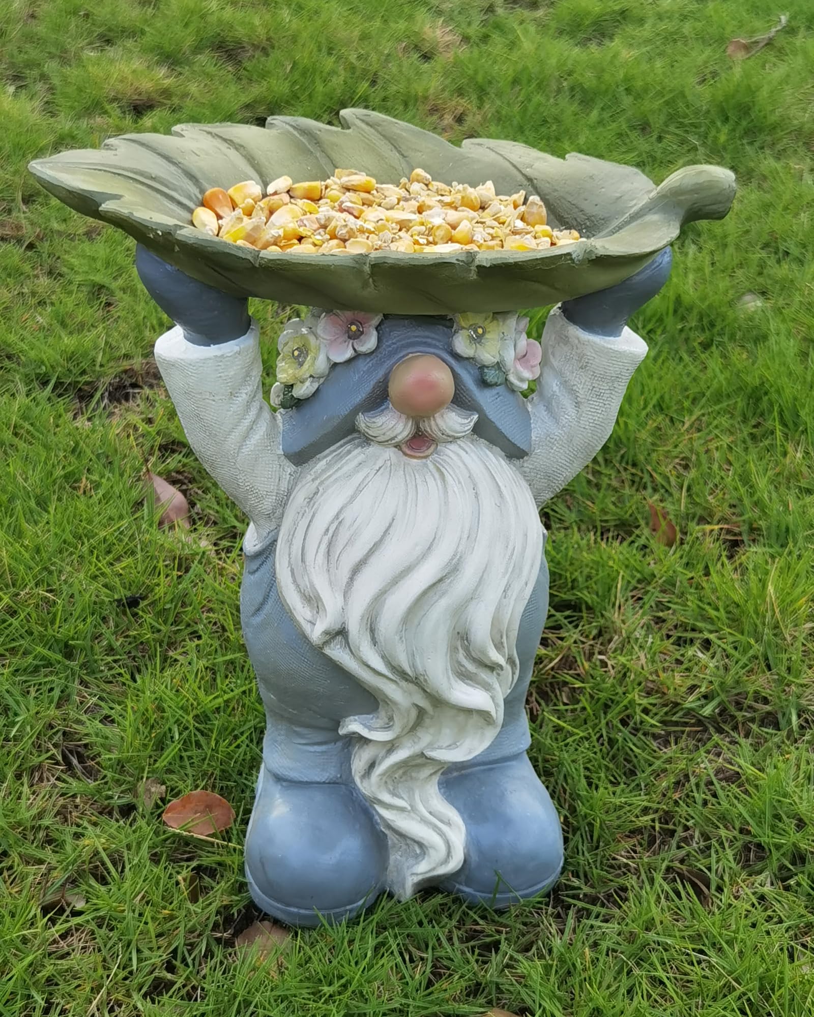 Mangiatoia decorativa a forma di gnomo con piatto a forma di foglia in resina, resistente, decorazione per esterni, resistente alle intemperie, per attirare gli uccelli in cortile, patio o