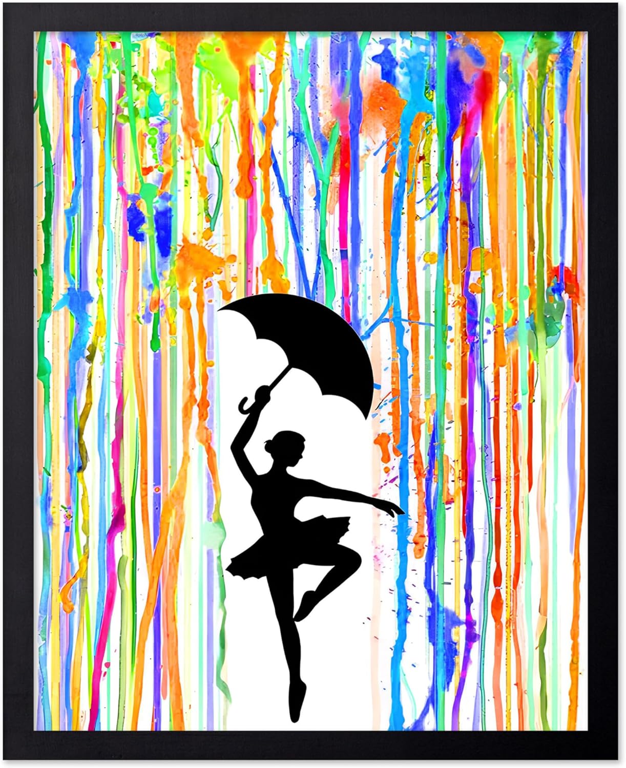 Poster Master Ballerina Poster - Dancing Under The Rain Print - Abstract Art - Silhouette Illustration - Rainbow Creation - Great Bedroom or Living Room Decor - 11x14 Black Framed