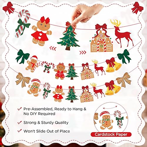 Miniatura 3 de 3 unidades de pancarta de Navidad con lazo vintage, lazos verdes y rojos, árbol de Navidad, árbol de Navidad, hombre de jengibre, guirnalda de